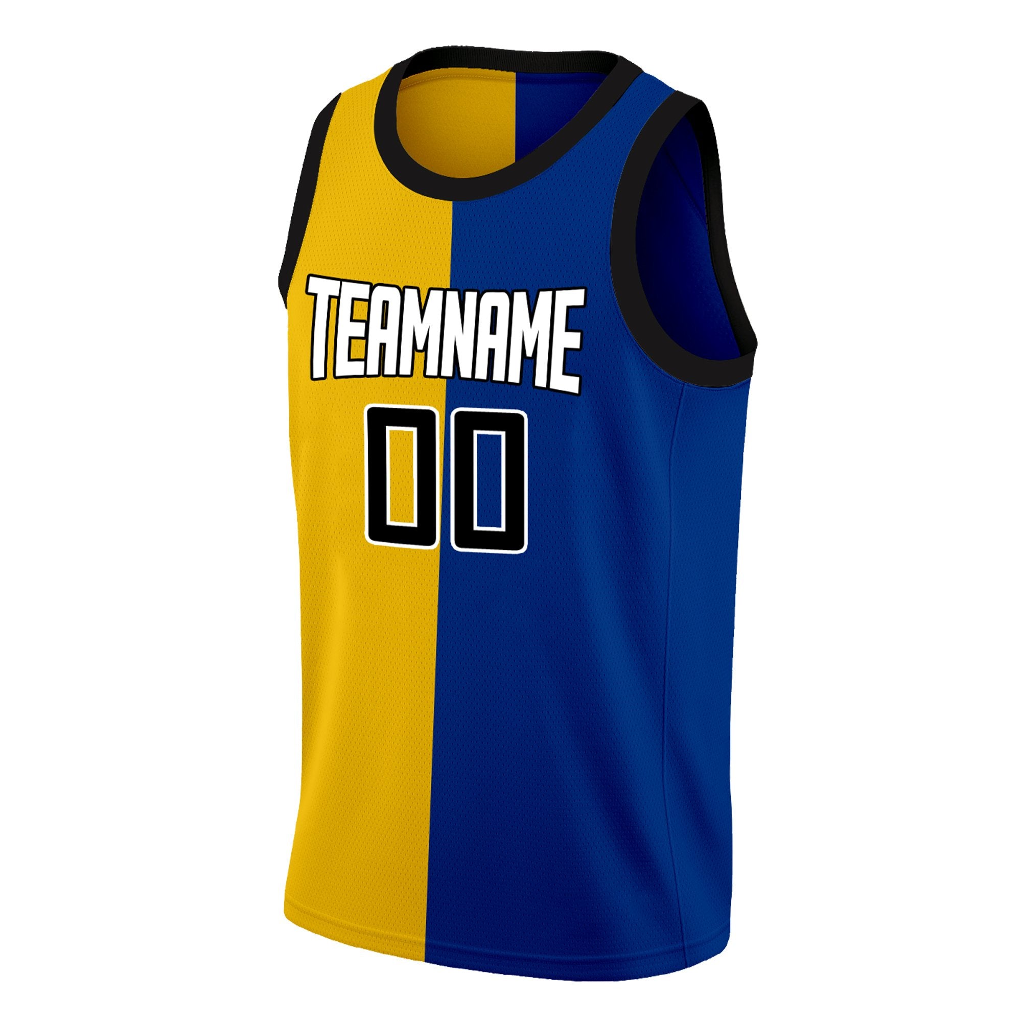 Maillot de basket-ball personnalisé jaune bleu-blanc fendu à la mode