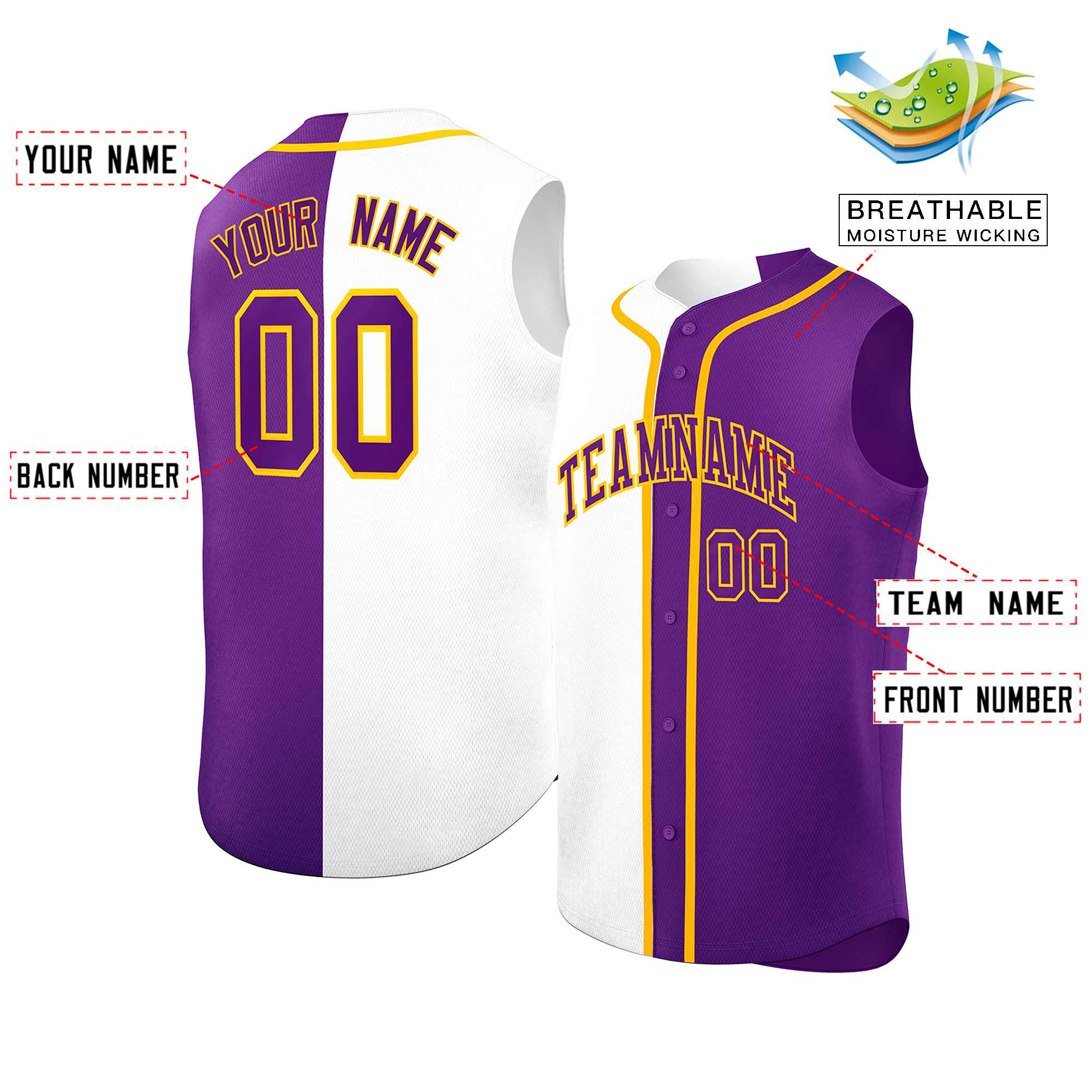 Custom White Purple Split Fashion Design Authentic Sleeveless Baseball Jersey