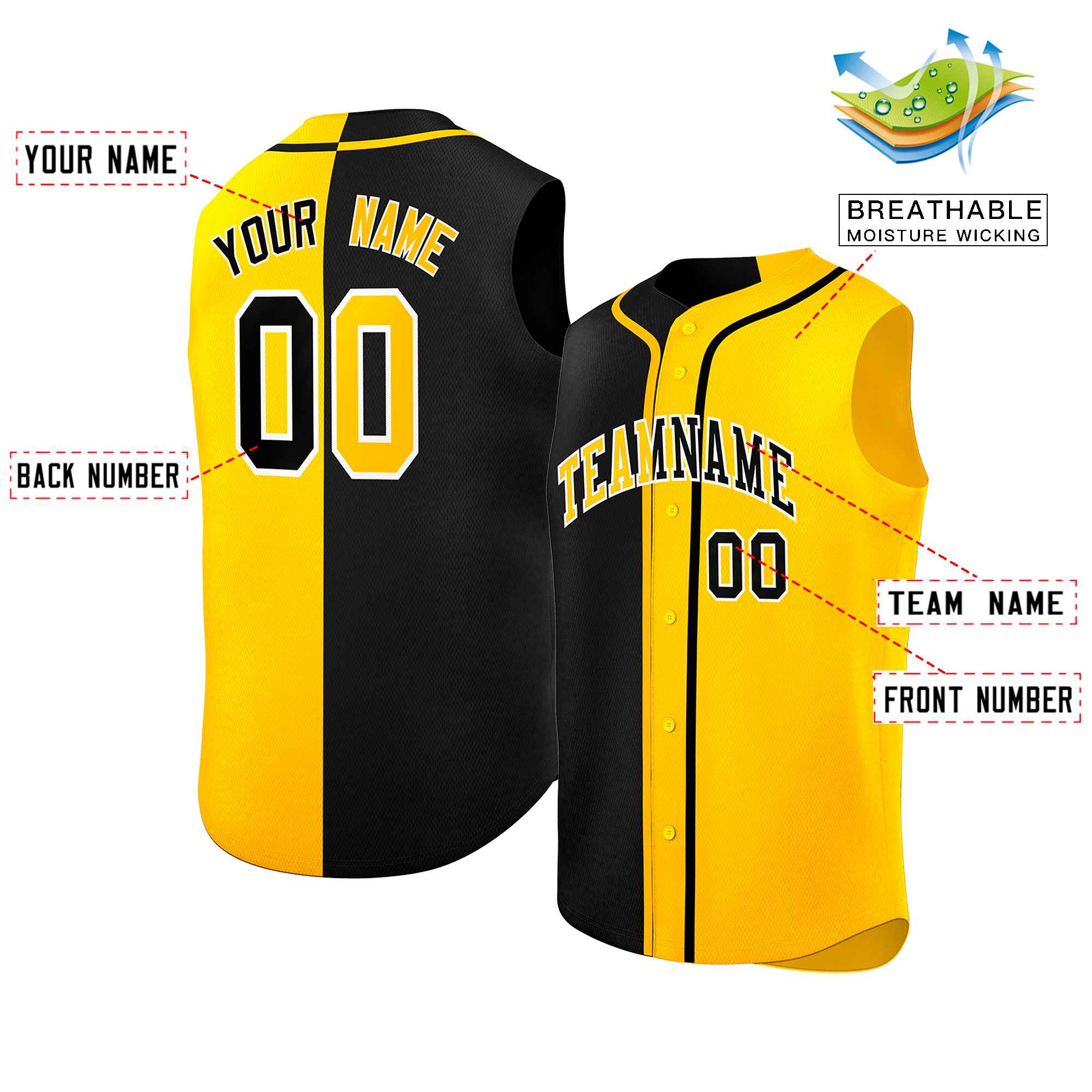 Custom Black Gold Split Fashion Design Authentic Sleeveless Baseball Jersey