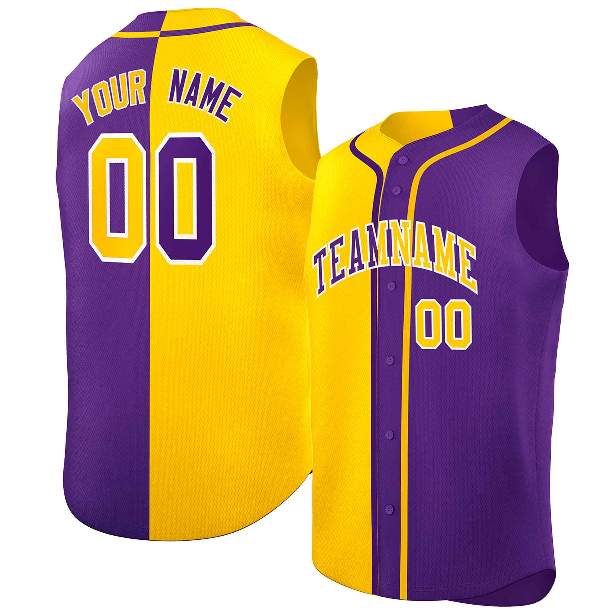 Custom Gold Purple Split Fashion Design Authentic Sleeveless Baseball Jersey