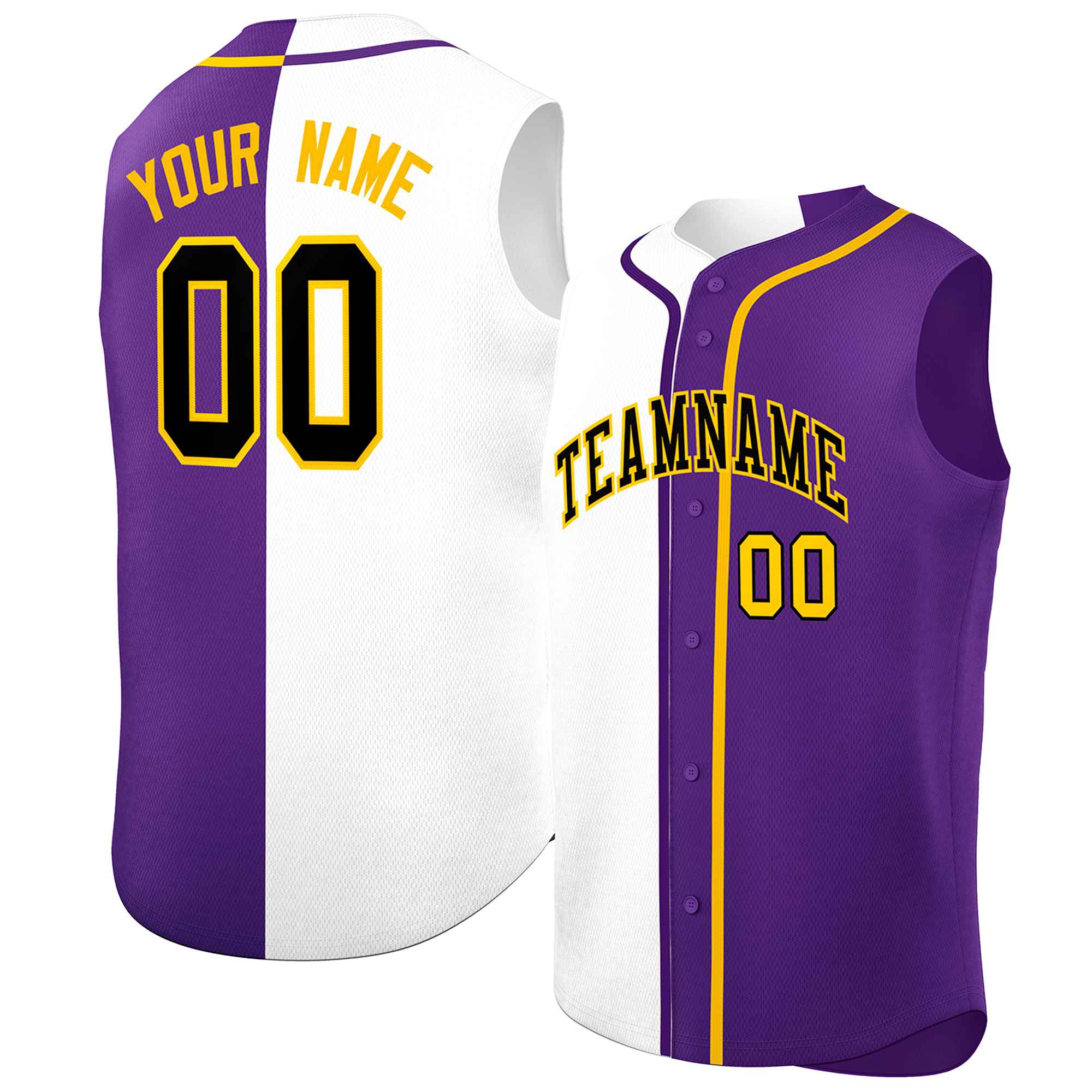 Custom White Purple Split Fashion Design Authentic Sleeveless Baseball Jersey