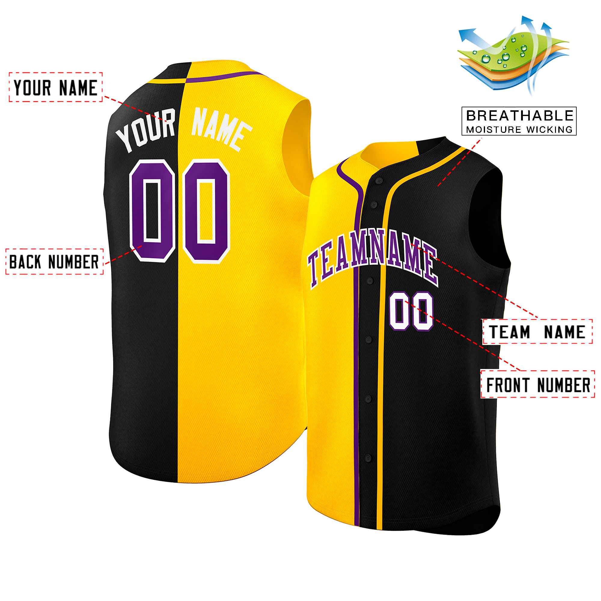 Custom Gold Black Split Fashion Design Authentic Sleeveless Baseball Jersey