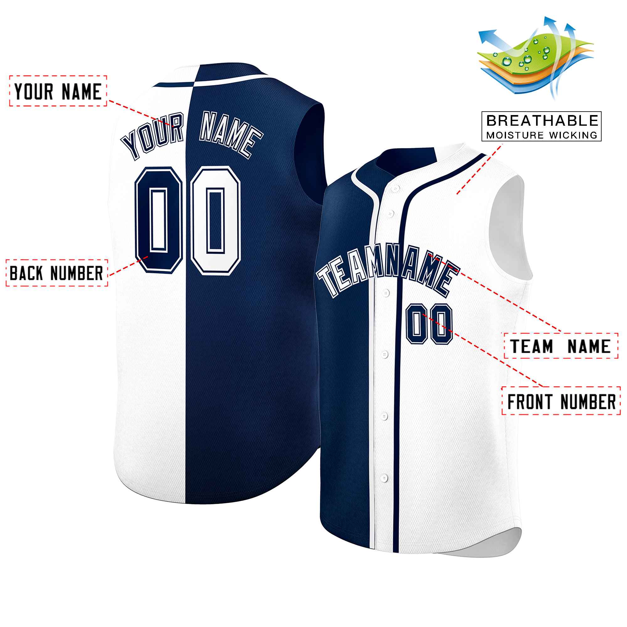 Custom Navy White Split Fashion Design Authentic Sleeveless Baseball Jersey