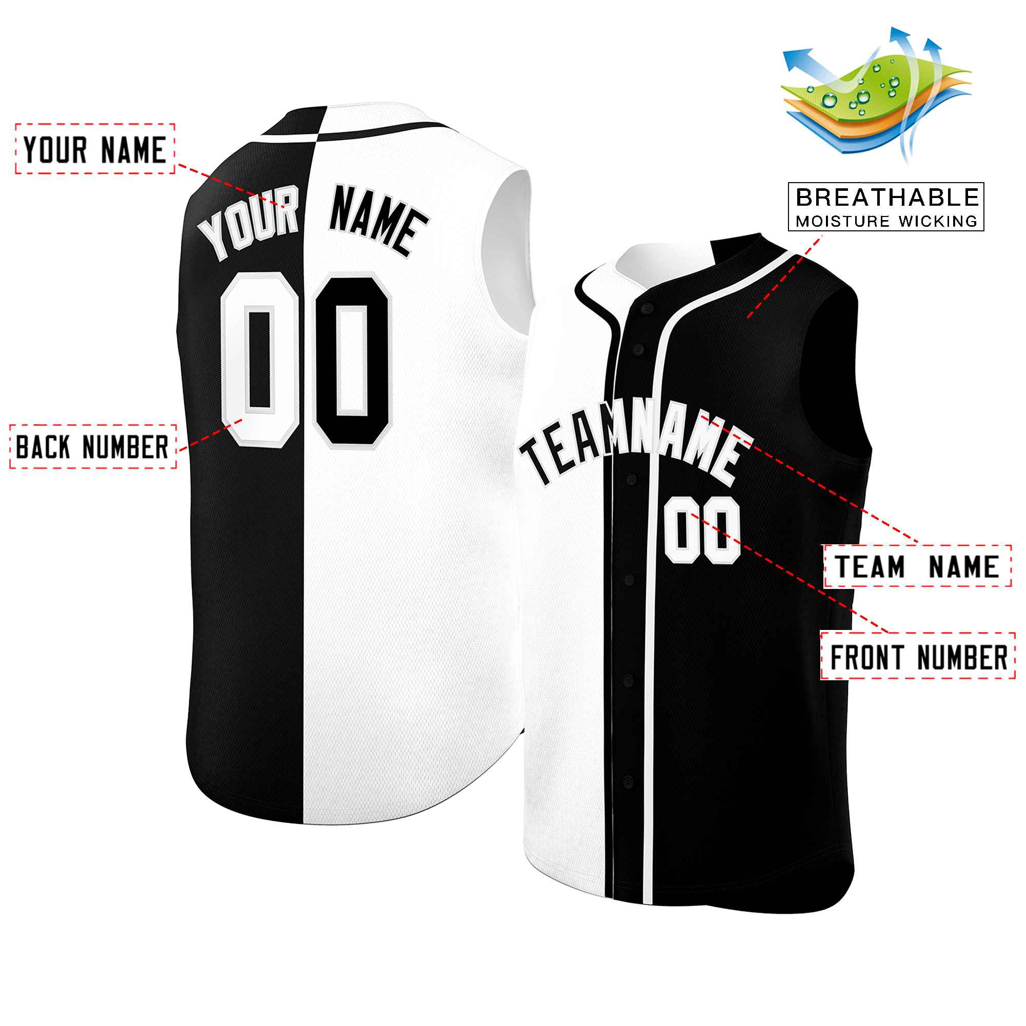 Custom White Black Split Fashion Design Authentic Sleeveless Baseball Jersey