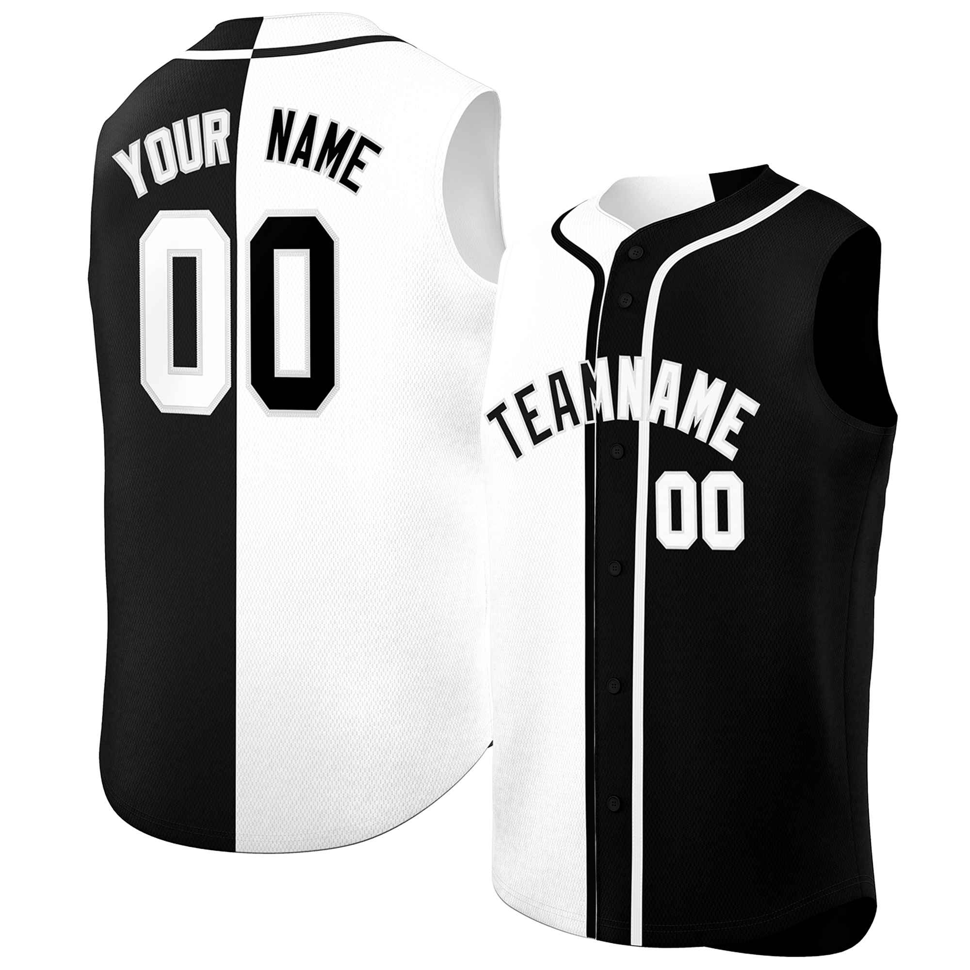 Custom White Black Split Fashion Design Authentic Sleeveless Baseball Jersey