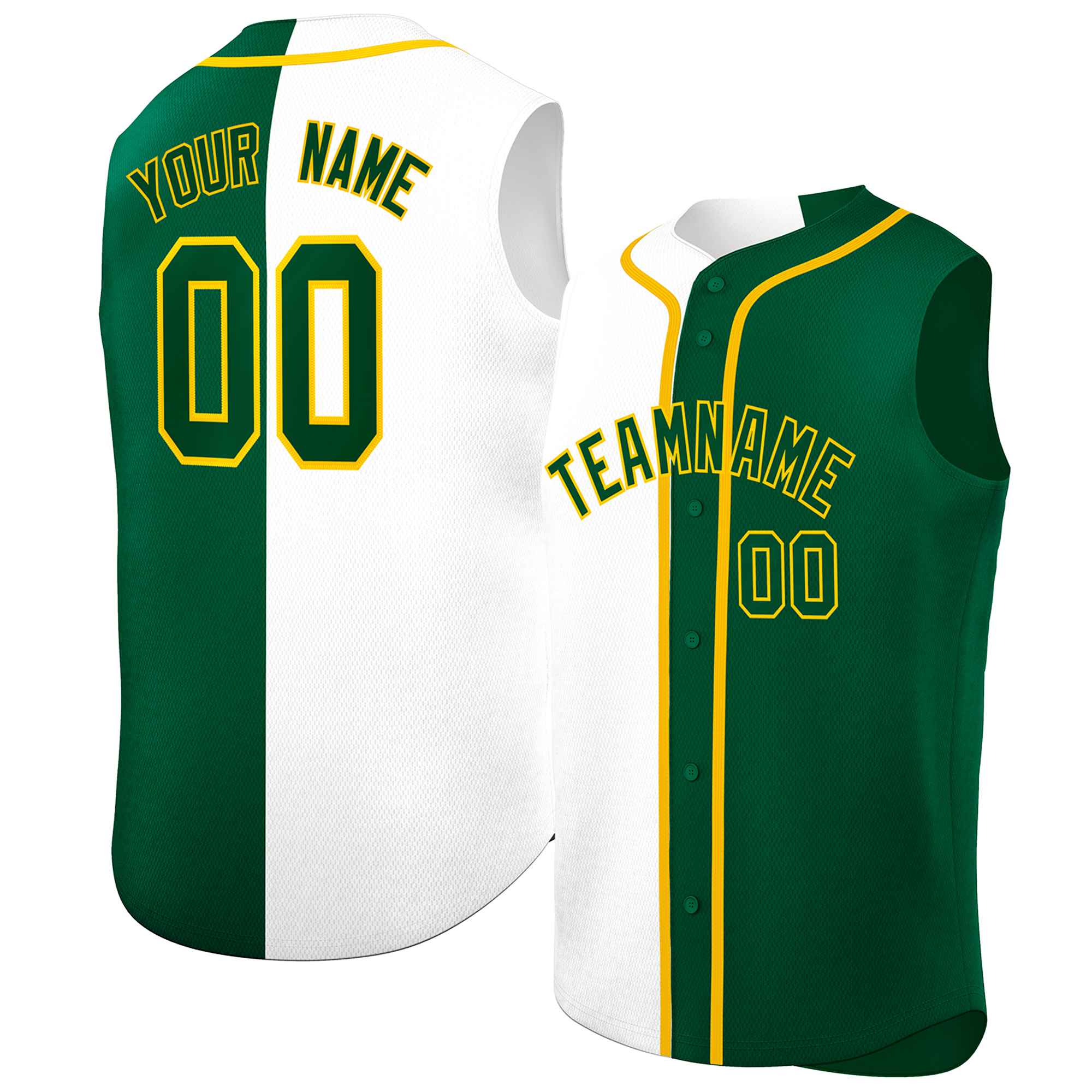 Custom White Green Split Fashion Design Authentic Sleeveless Baseball Jersey