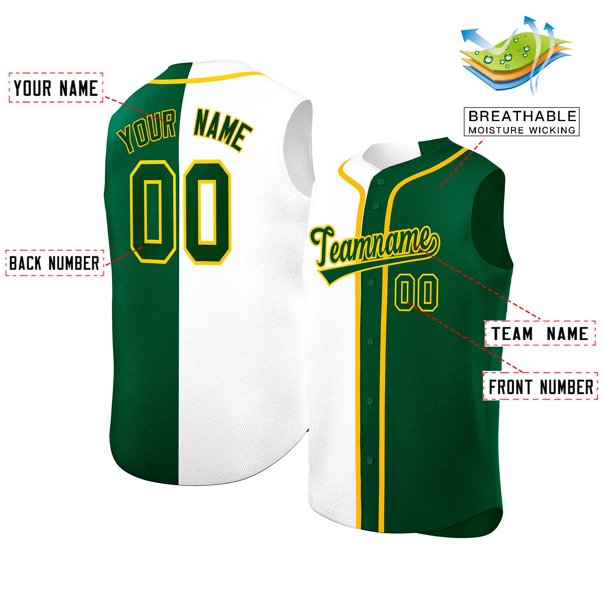 Custom White Green Split Fashion Design Authentic Sleeveless Baseball Jersey