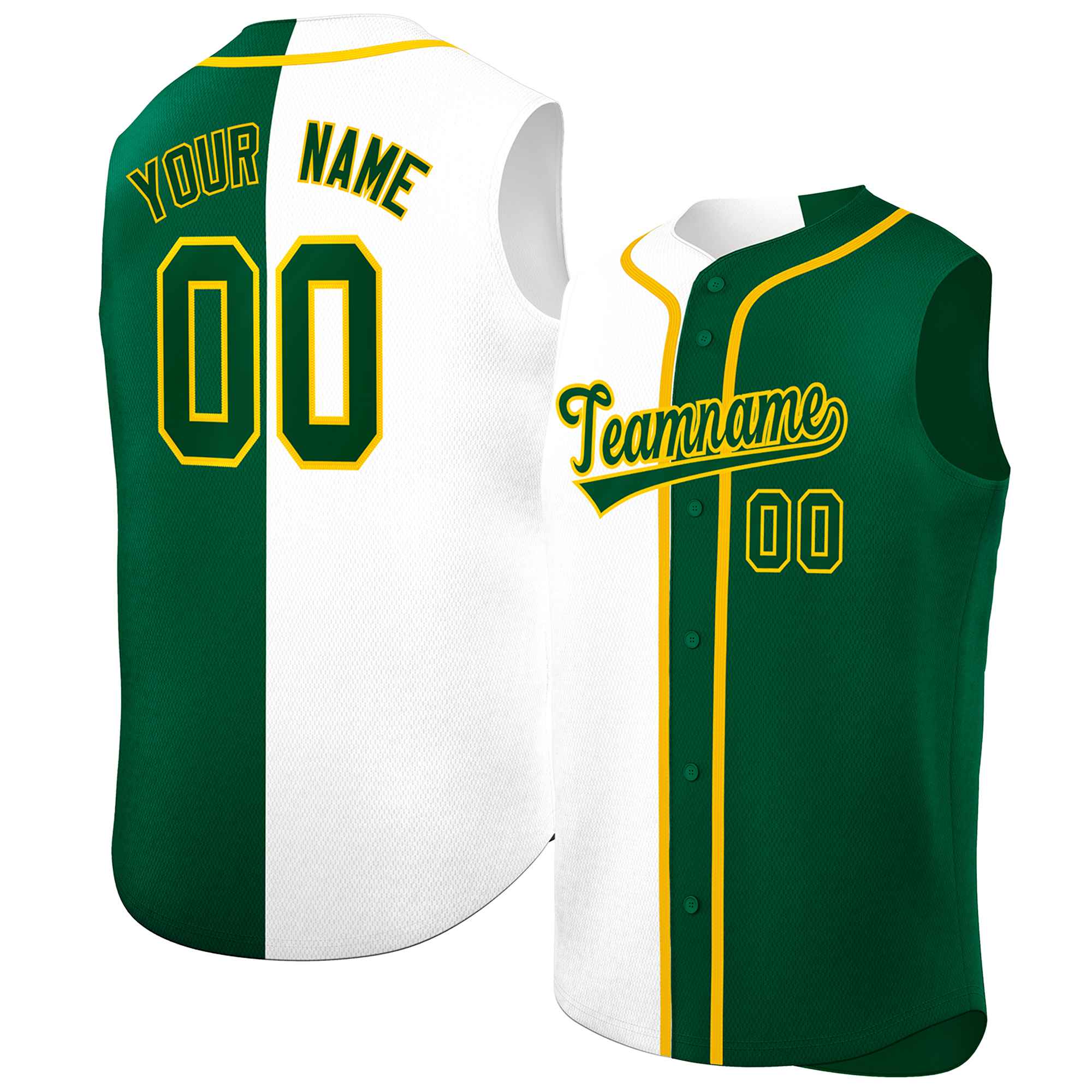 Custom White Green Split Fashion Design Authentic Sleeveless Baseball Jersey