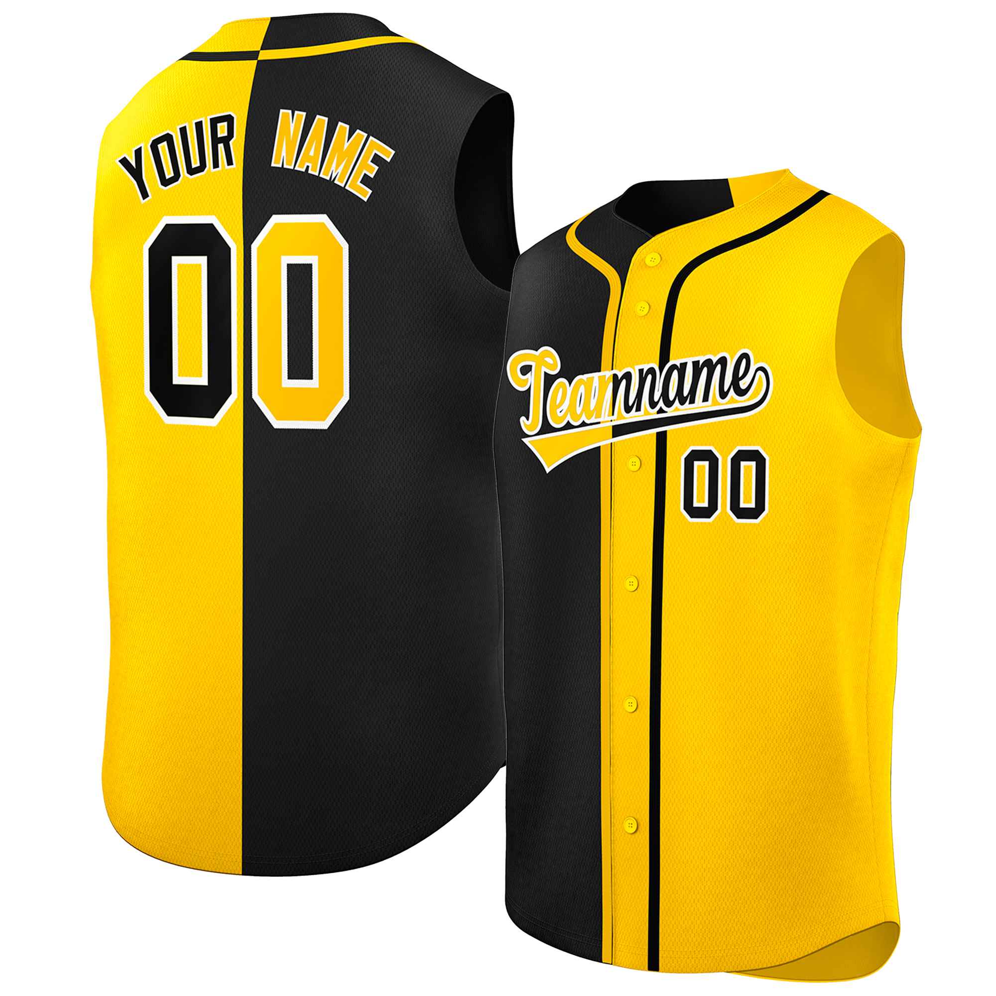 Custom Black Gold Split Fashion Design Authentic Sleeveless Baseball Jersey