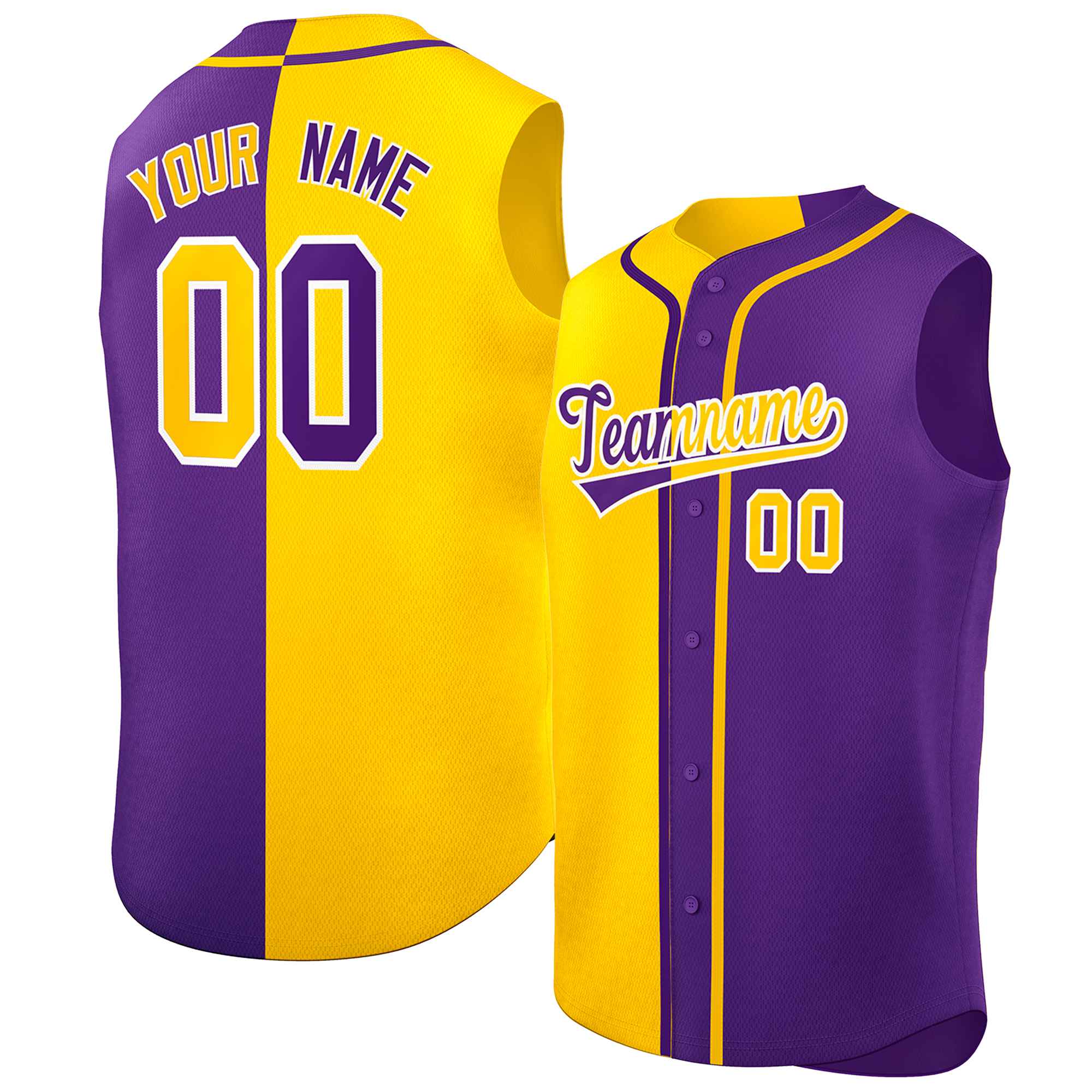 Custom Gold Purple Split Fashion Design Authentic Sleeveless Baseball Jersey