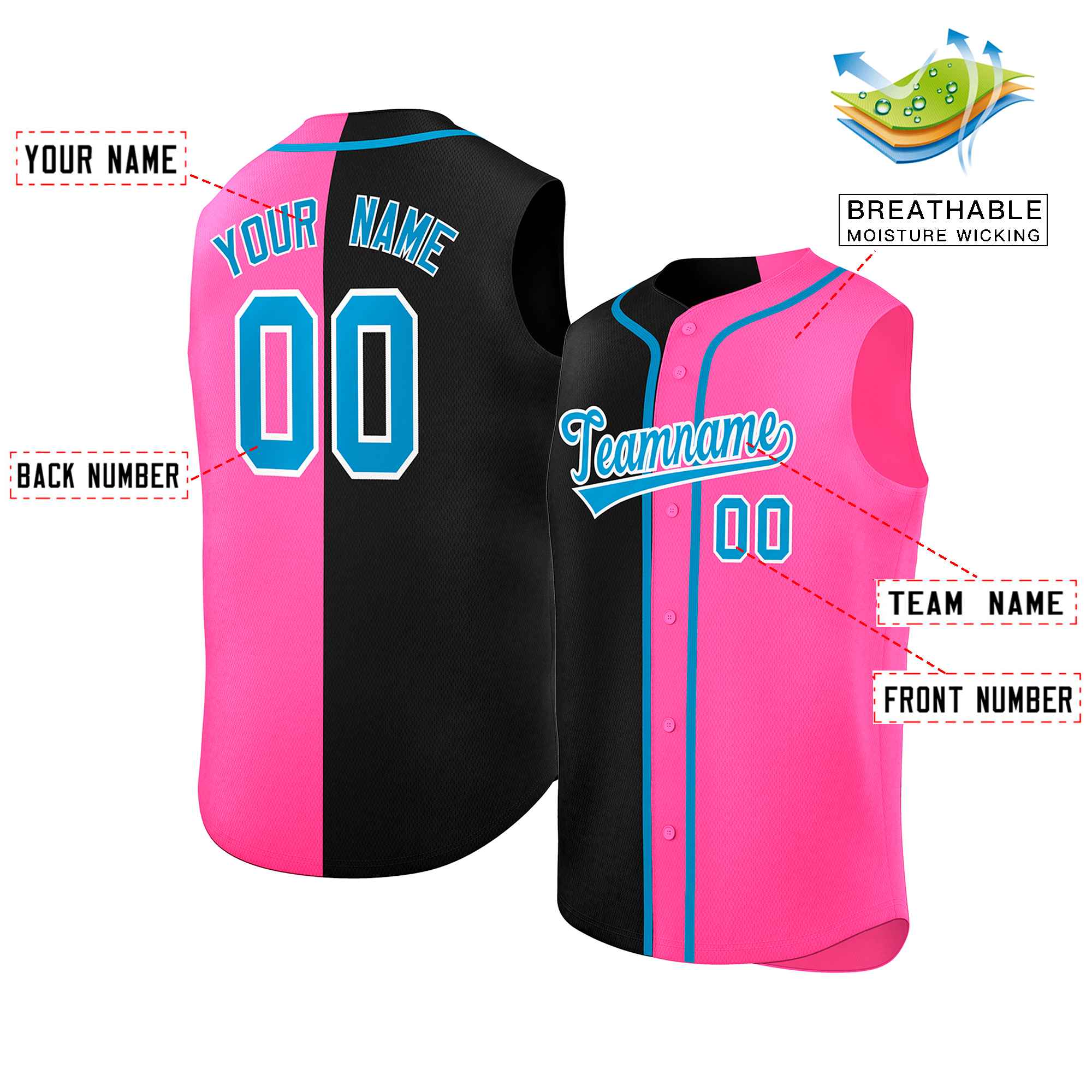 Custom Black Pink Split Fashion Design Authentic Sleeveless Baseball Jersey