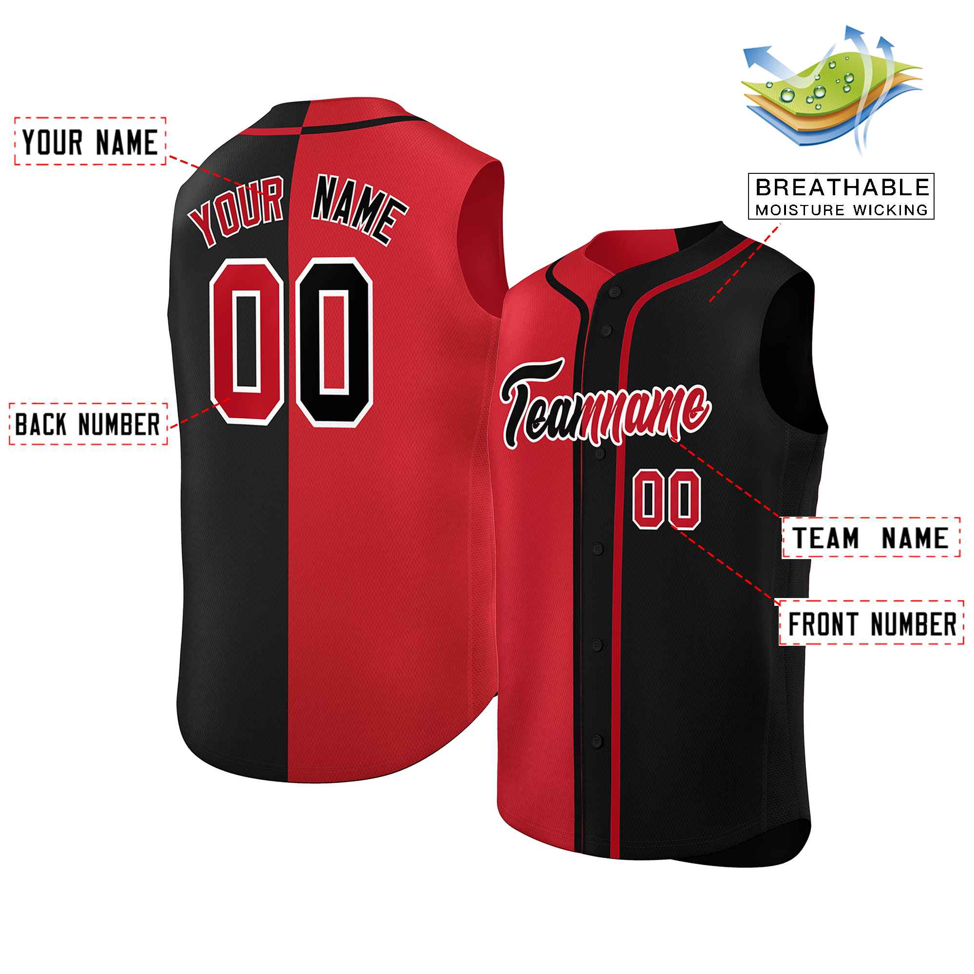 Custom Red Black Split Fashion Design Authentic Sleeveless Baseball Jersey