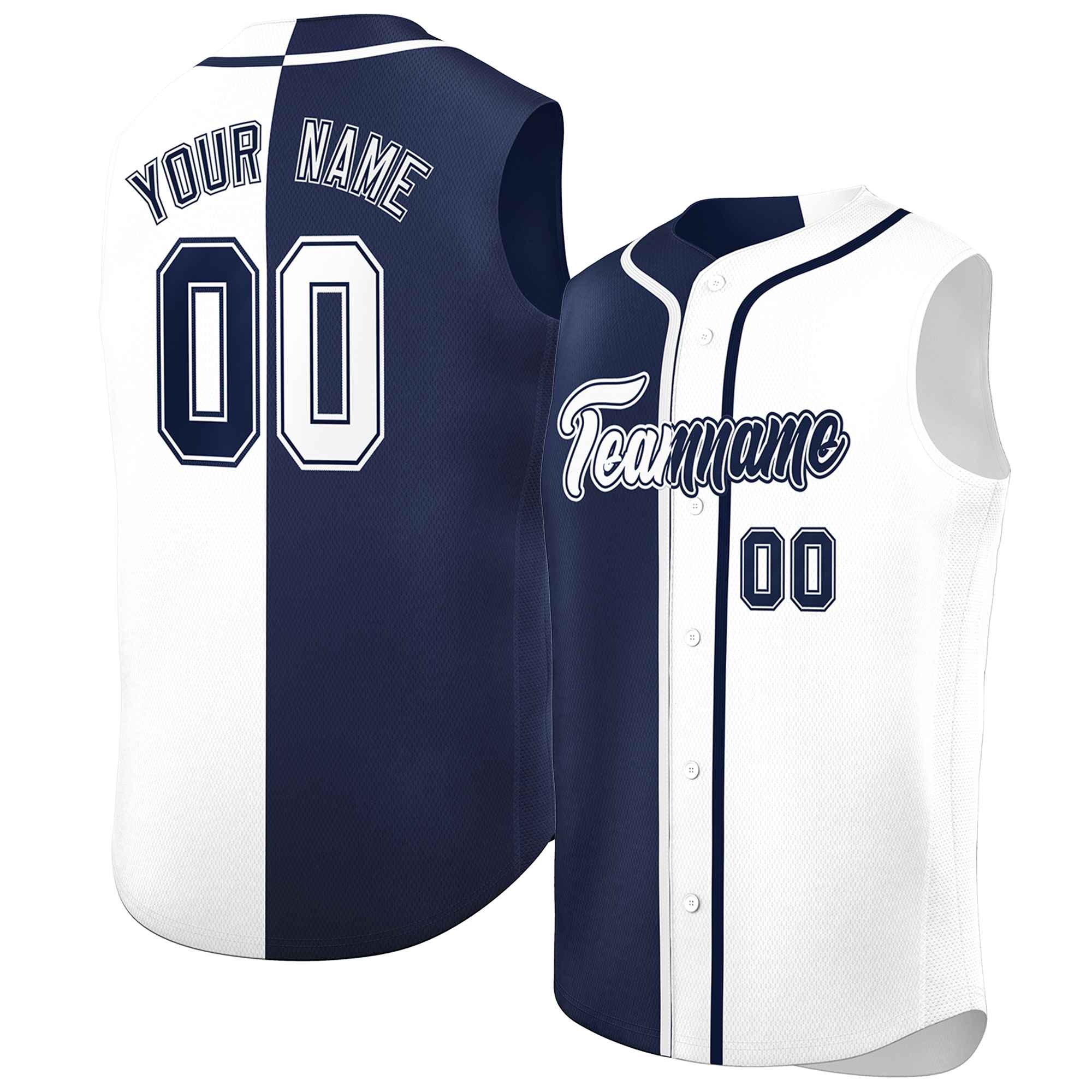 Custom Navy White Split Fashion Design Authentic Sleeveless Baseball Jersey