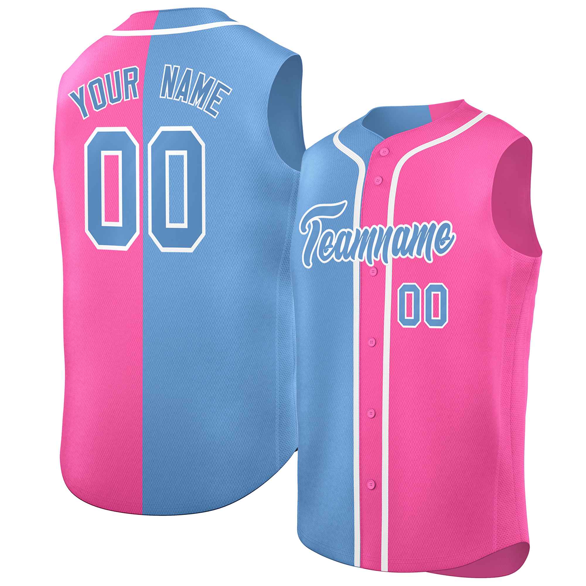 Custom Powder Blue Pink Split Fashion Design Authentic Sleeveless Baseball Jersey