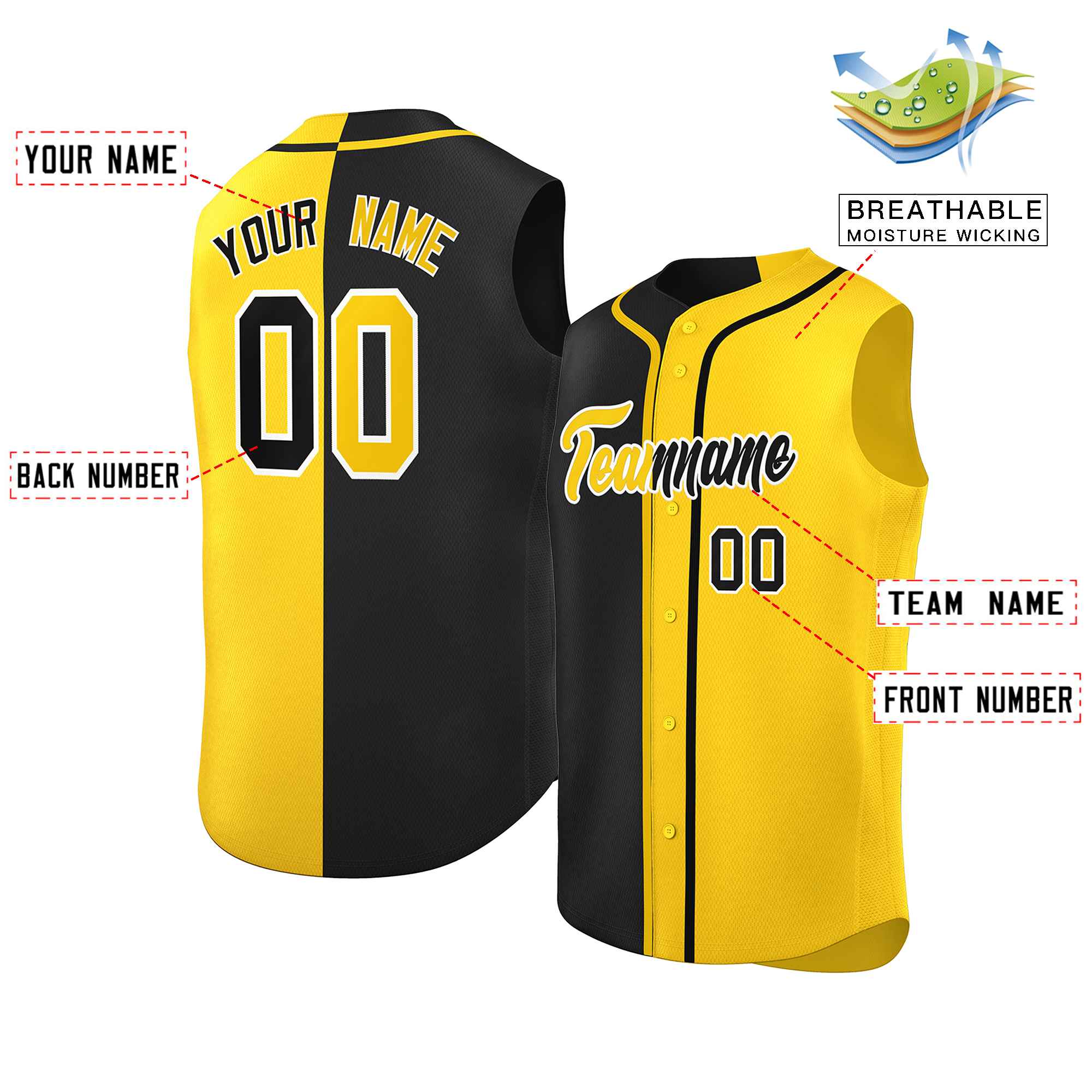 Custom Black Gold Split Fashion Design Authentic Sleeveless Baseball Jersey