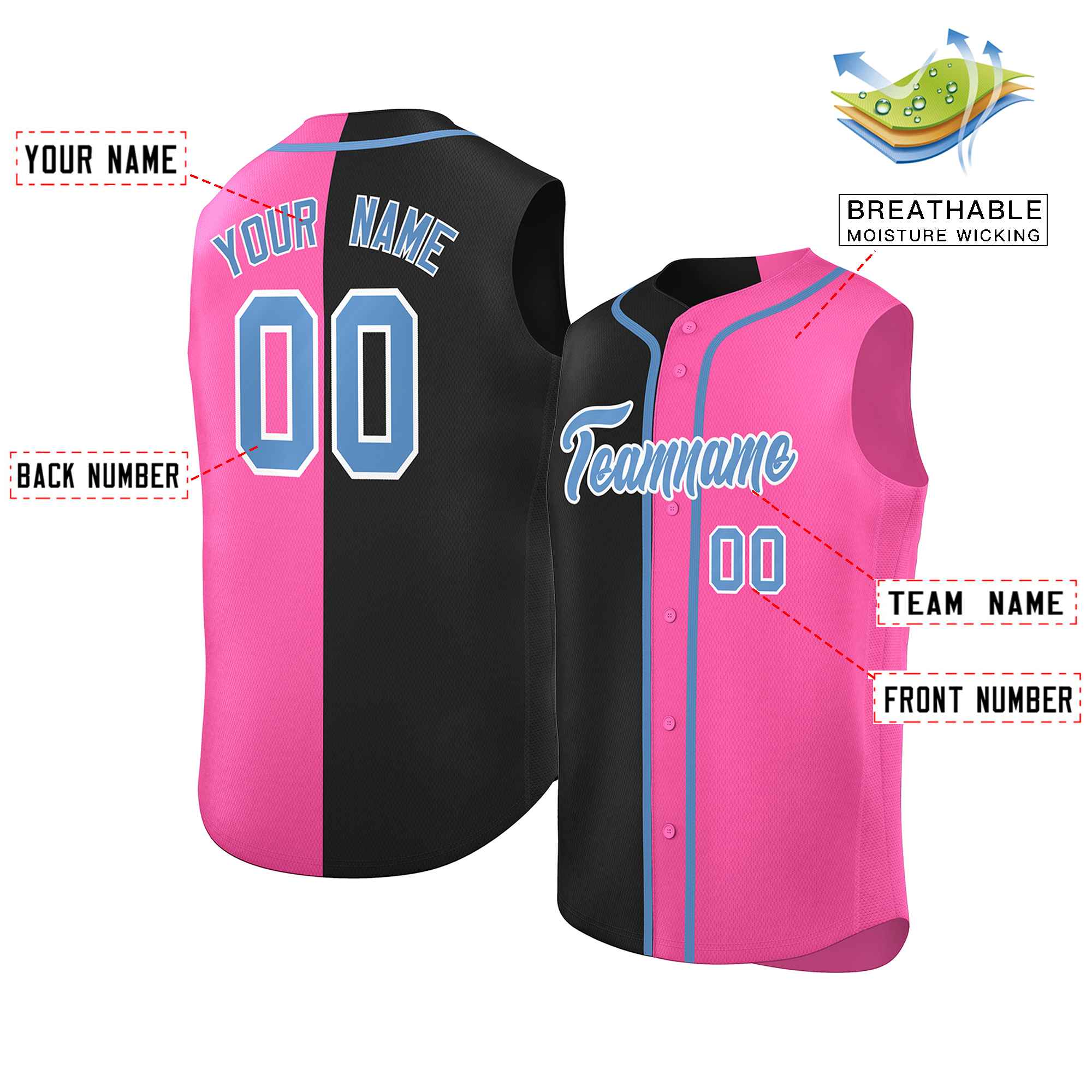 Custom Black Pink Split Fashion Design Authentic Sleeveless Baseball Jersey