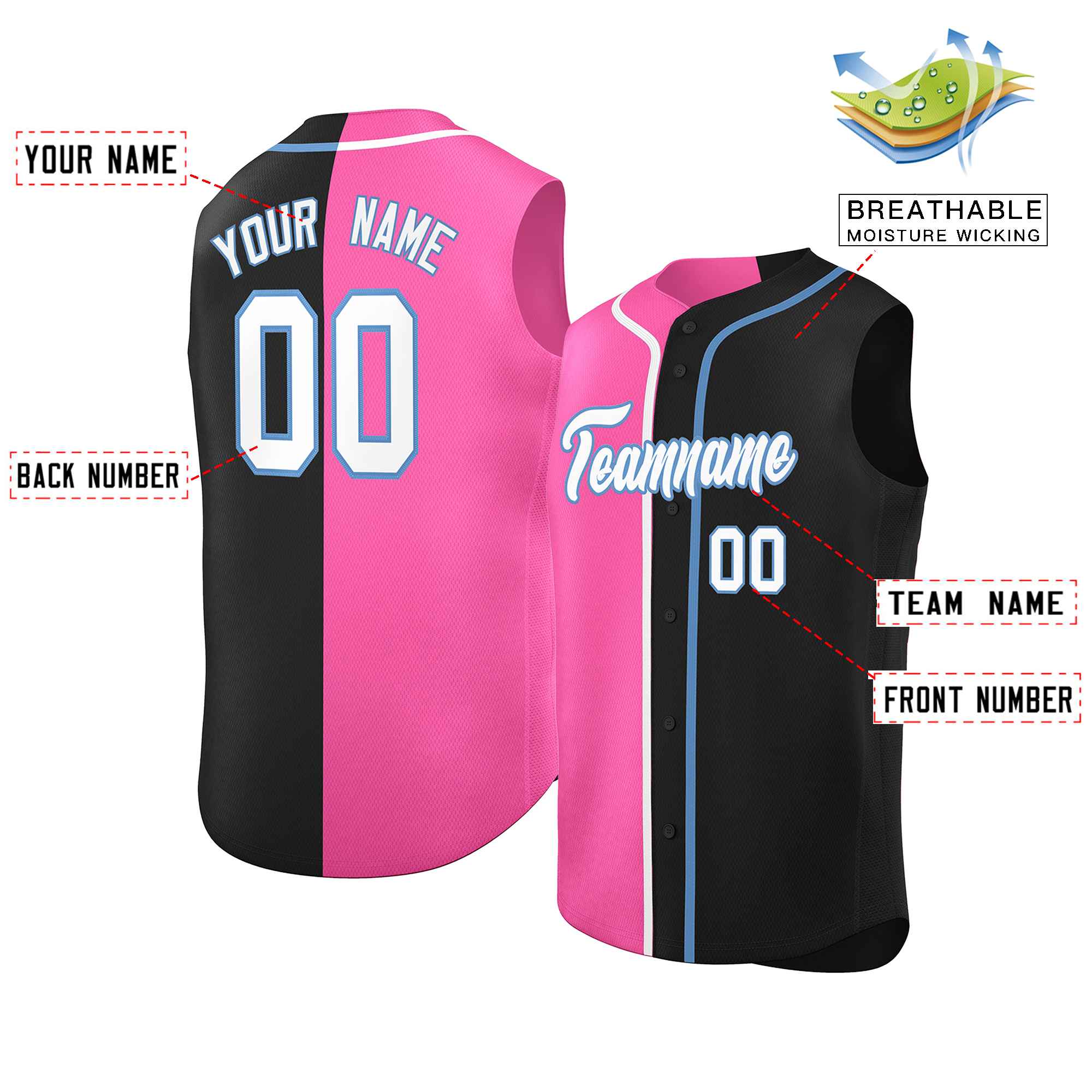 Custom Pink Black Split Fashion Design Authentic Sleeveless Baseball Jersey