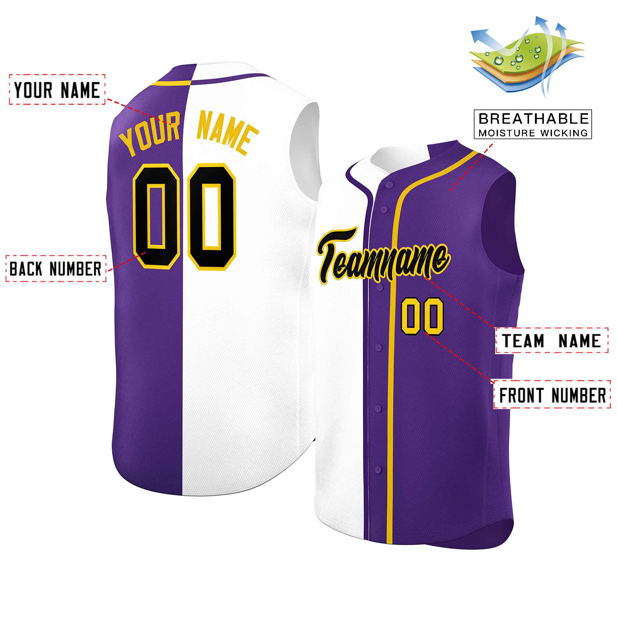 Custom White Purple Split Fashion Design Authentic Sleeveless Baseball Jersey