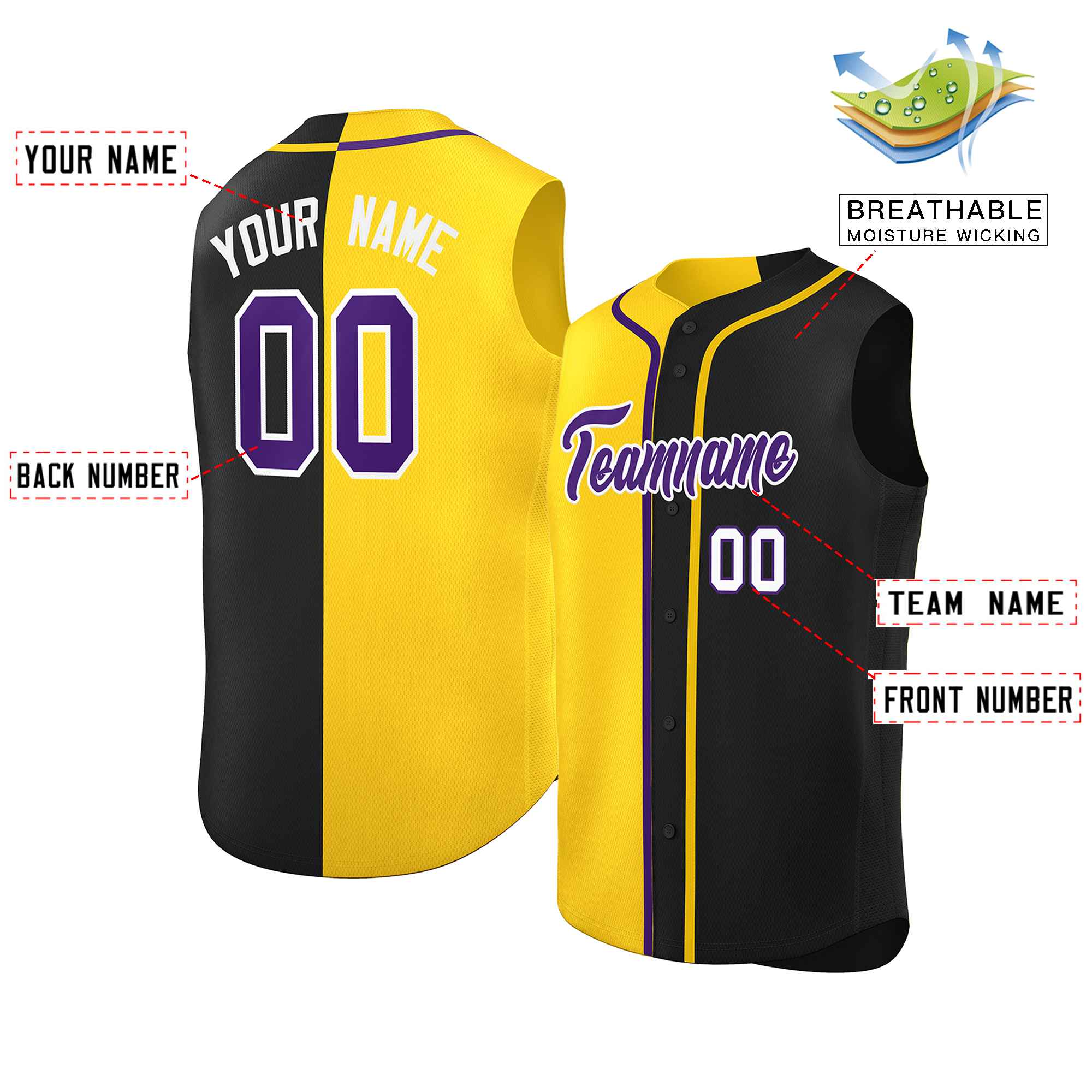 Custom Gold Black Split Fashion Design Authentic Sleeveless Baseball Jersey