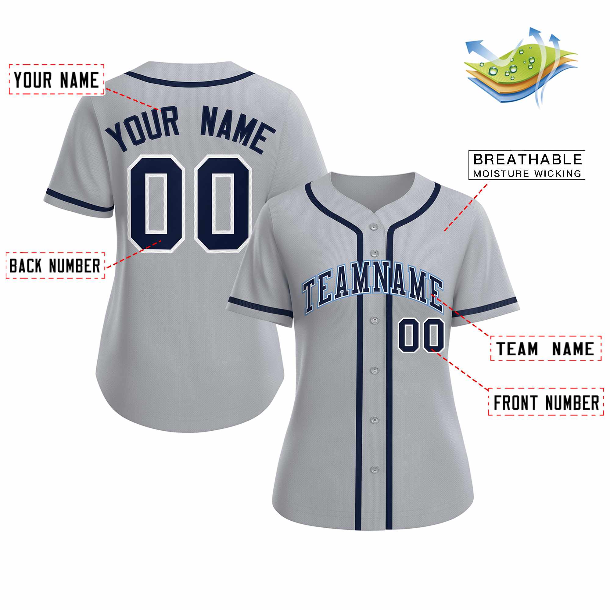 Maillot de baseball personnalisé gris marine blanc de style classique pour femme