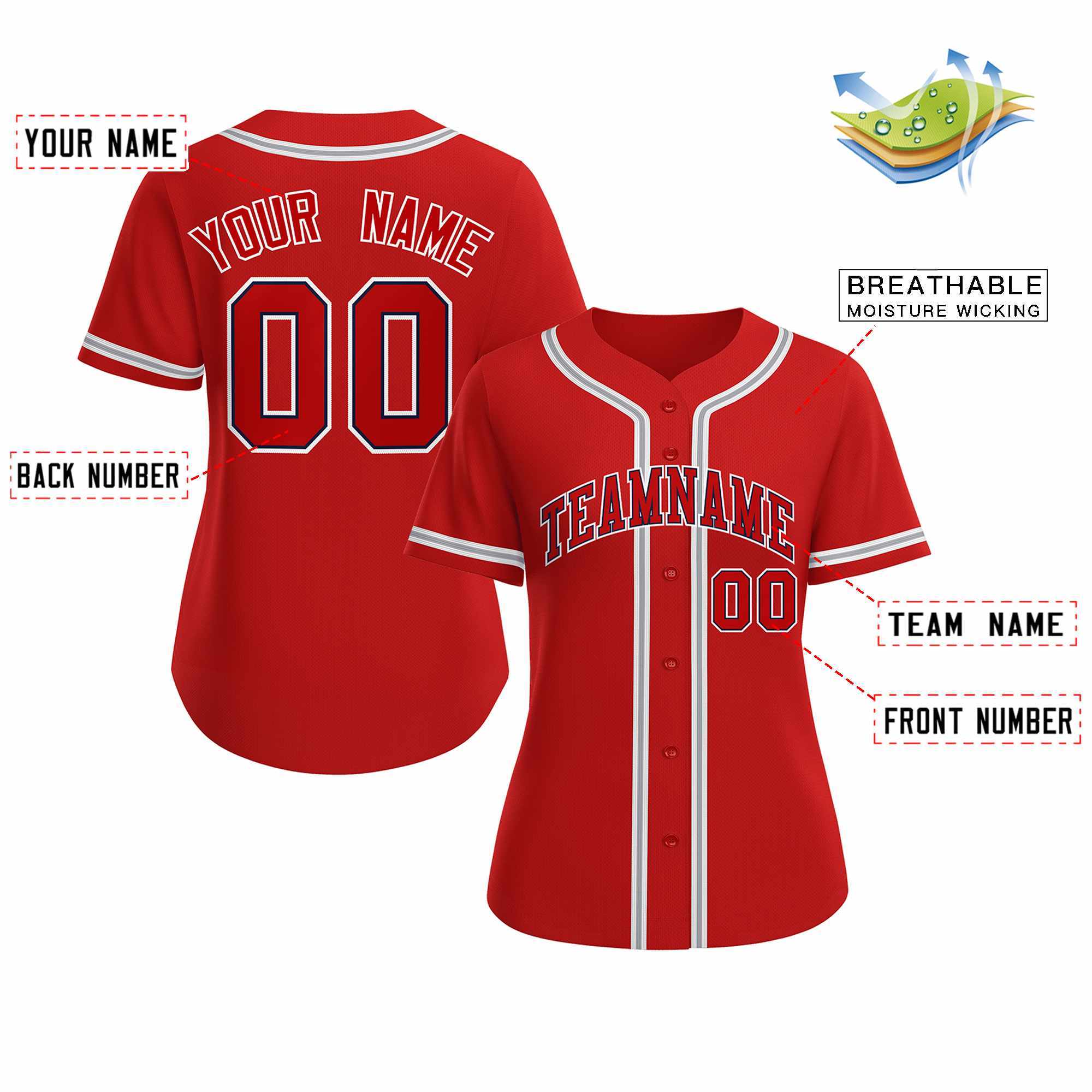 Maillot de baseball de style classique rouge rouge marine personnalisé pour femmes