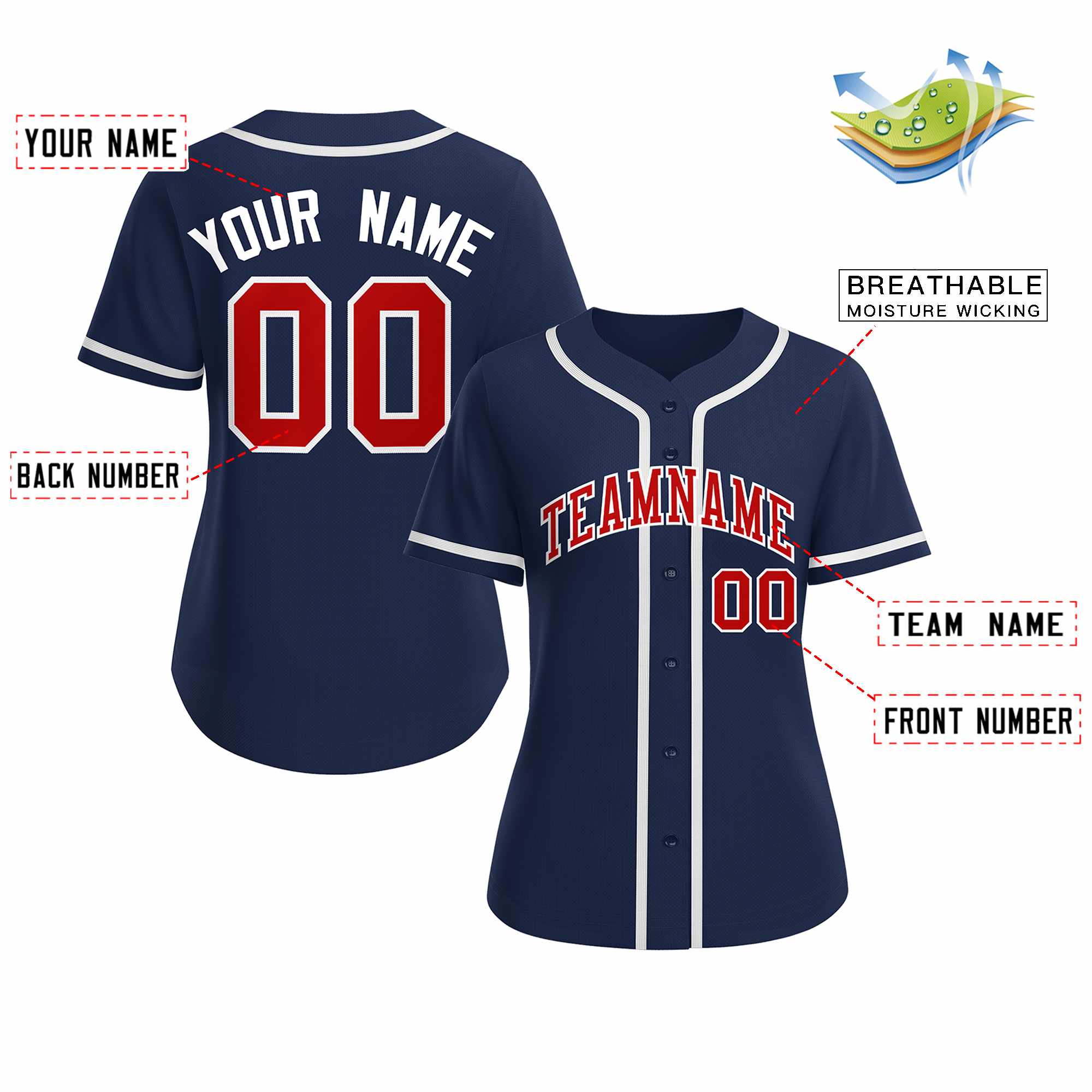 Custom Navy Red White Classic Style Baseball Jersey for Women