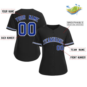 Maillot de baseball personnalisé noir royal-blanc de style classique pour femme