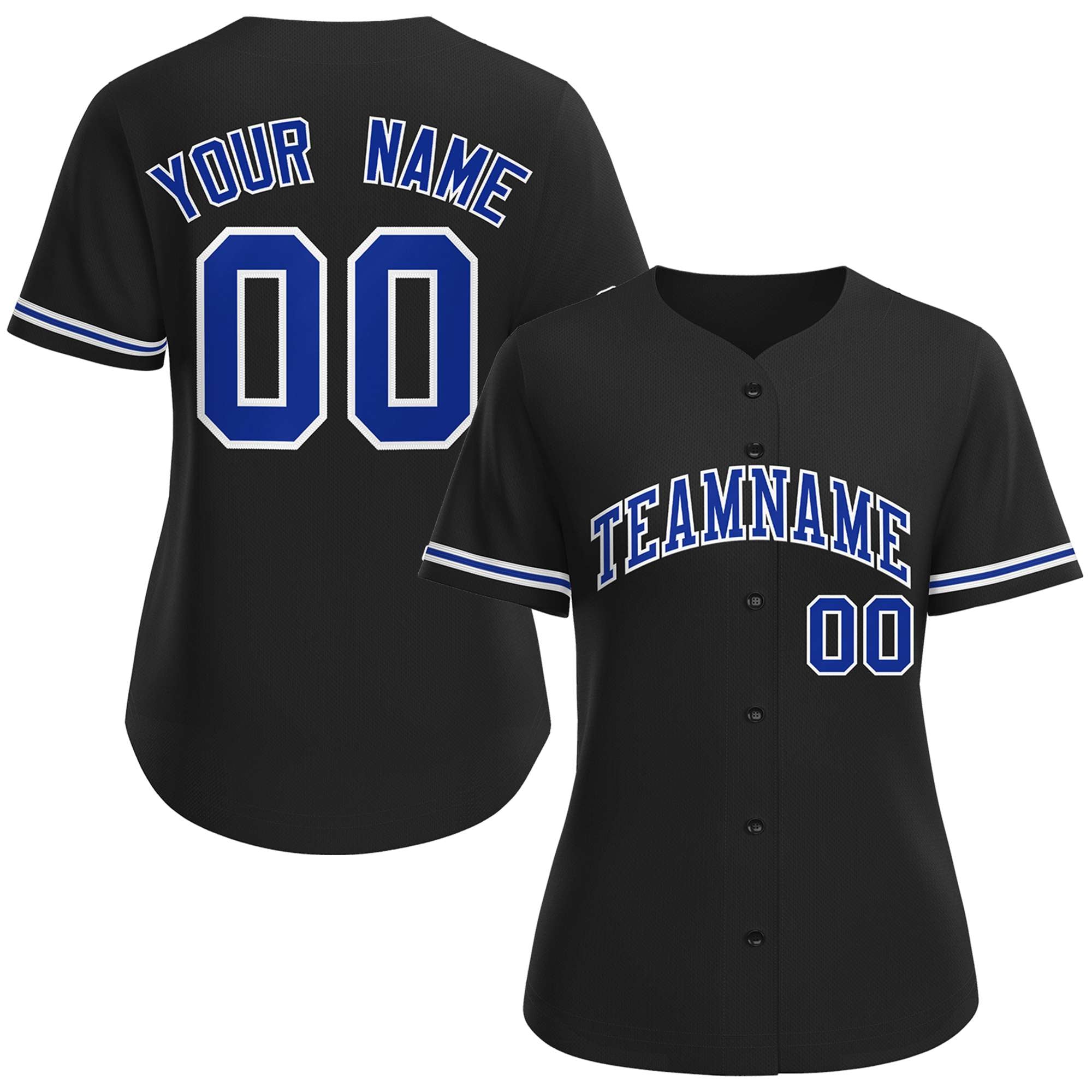 Maillot de baseball personnalisé noir royal-blanc de style classique pour femme