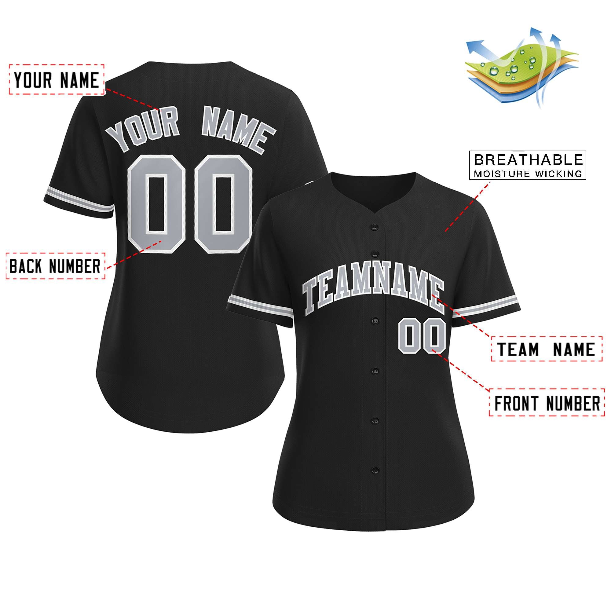 Custom Black Gray-White Classic Style Baseball Jersey For Women