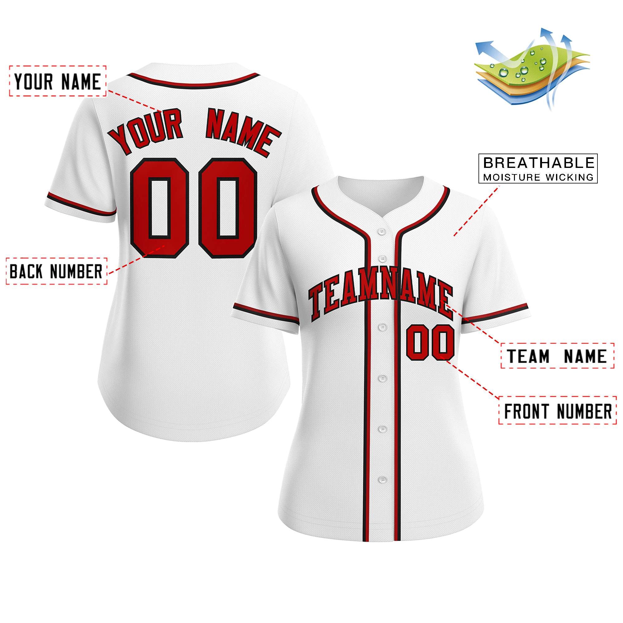 Custom White Red-Black Classic Style Baseball Jersey For Women