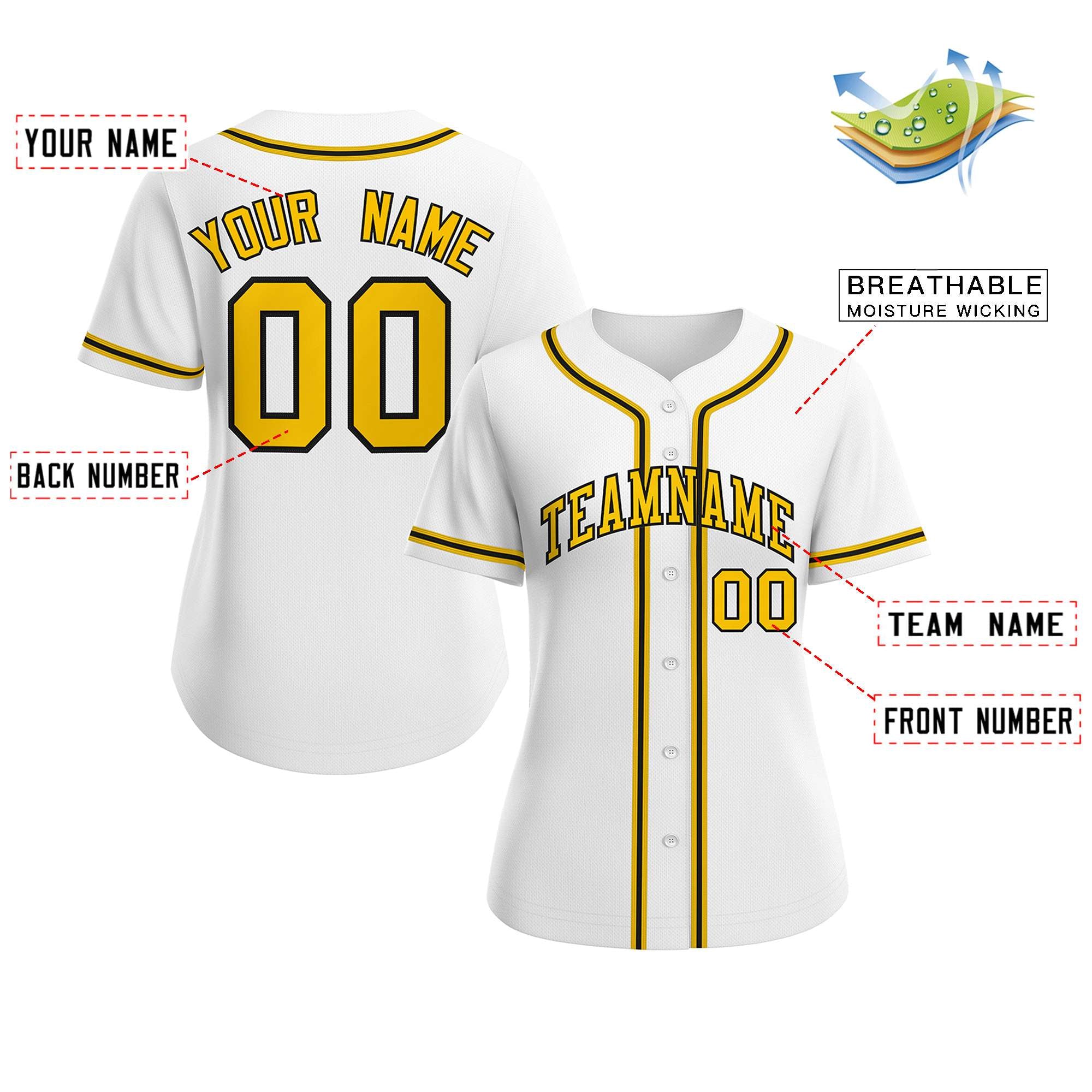 Maillot de baseball de style classique personnalisé en or blanc et noir pour femmes