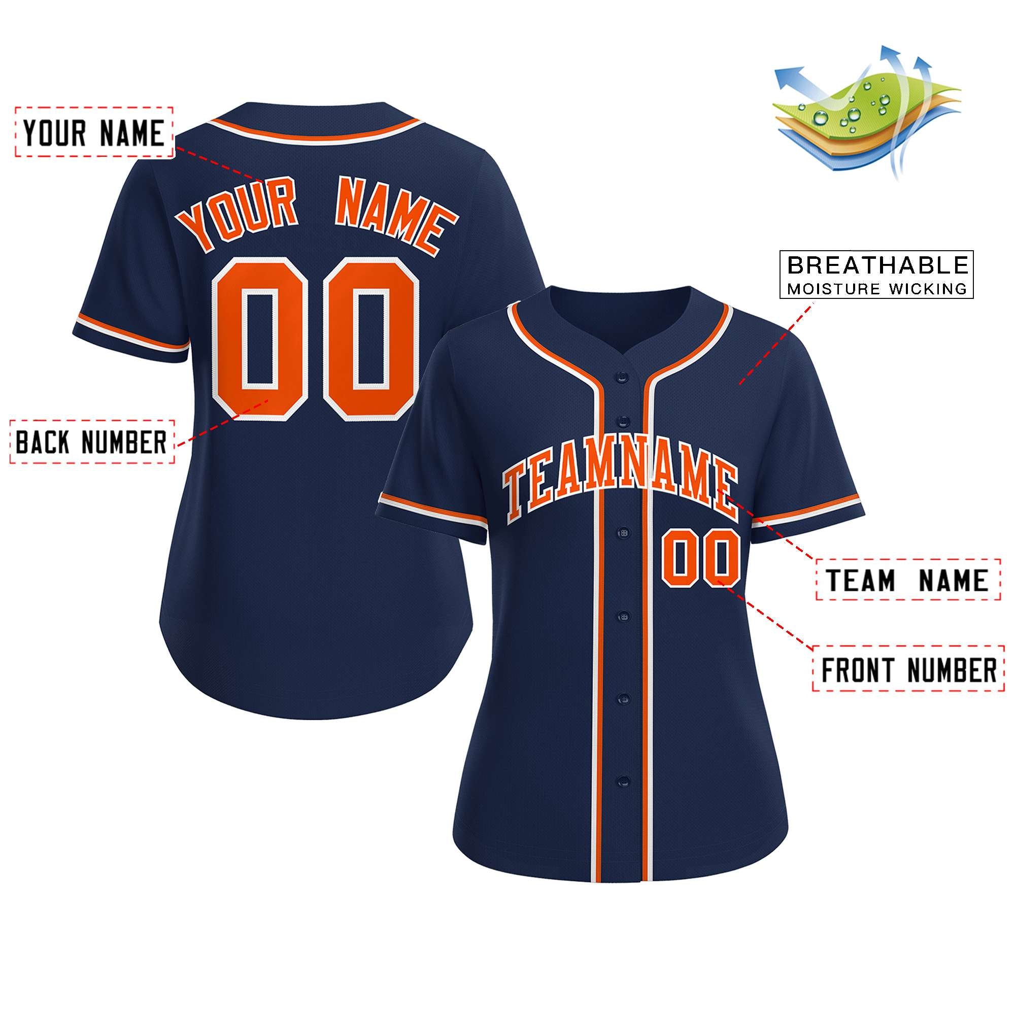 Custom Navy Orange-White Classic Style Baseball Jersey For Women