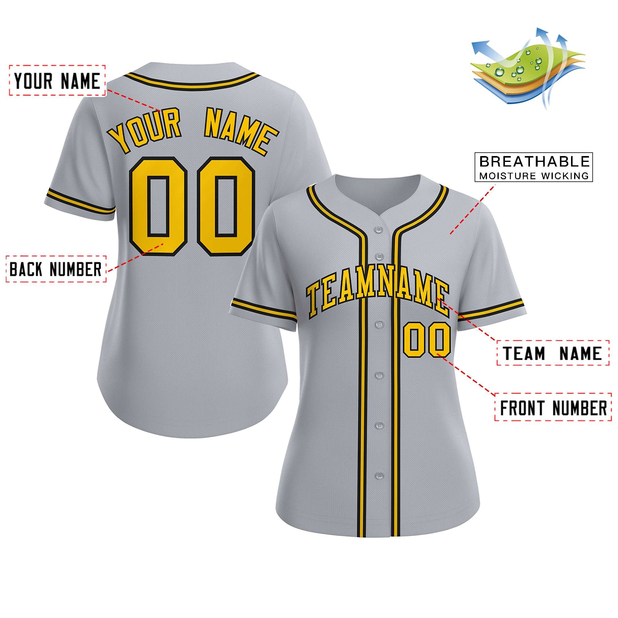 Maillot de baseball de style classique personnalisé gris or-noir pour femmes