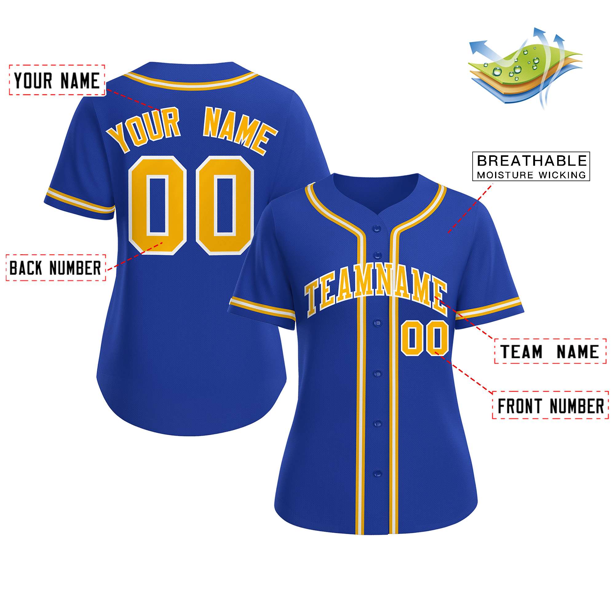 Maillot de baseball de style classique Royal Gold-White personnalisé pour femmes