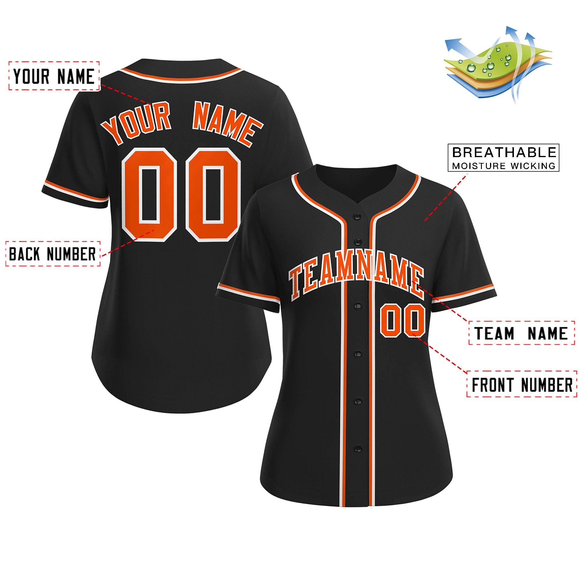 Custom Black Orange-White Classic Style Baseball Jersey For Women