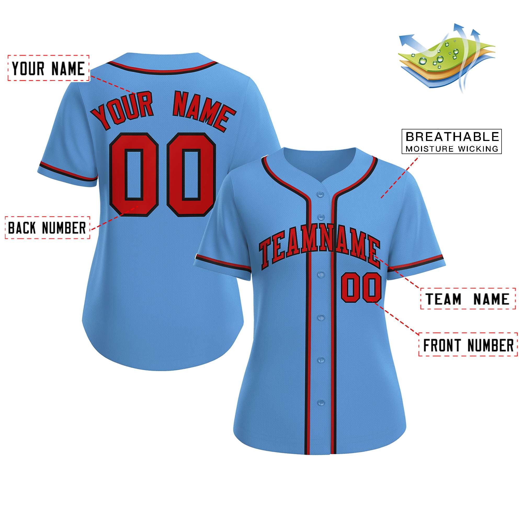 Custom Light Blue Red-Black Classic Style Baseball Jersey For Women