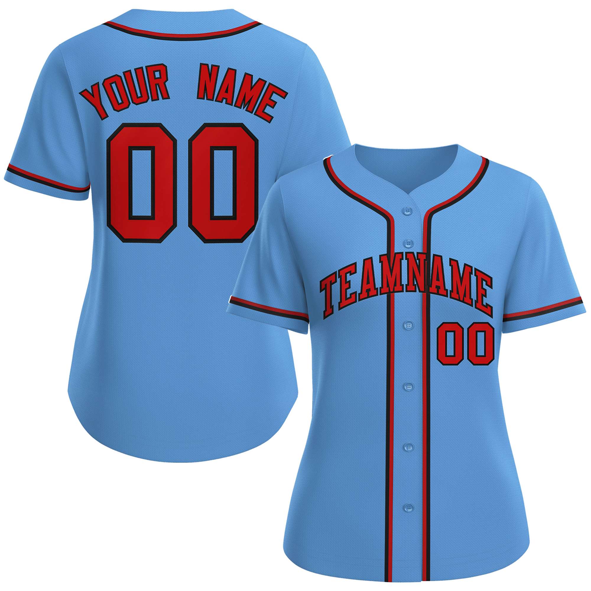 Maillot de baseball de style classique bleu clair rouge-noir personnalisé pour femmes