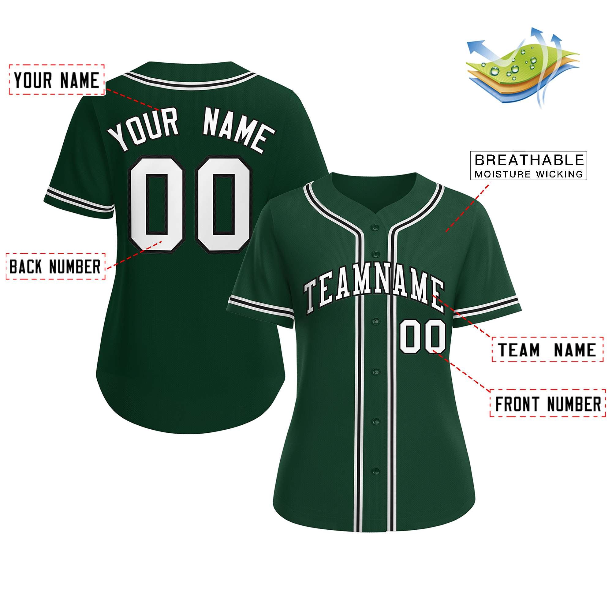 Maillot de baseball de style classique vert blanc-noir personnalisé pour femmes