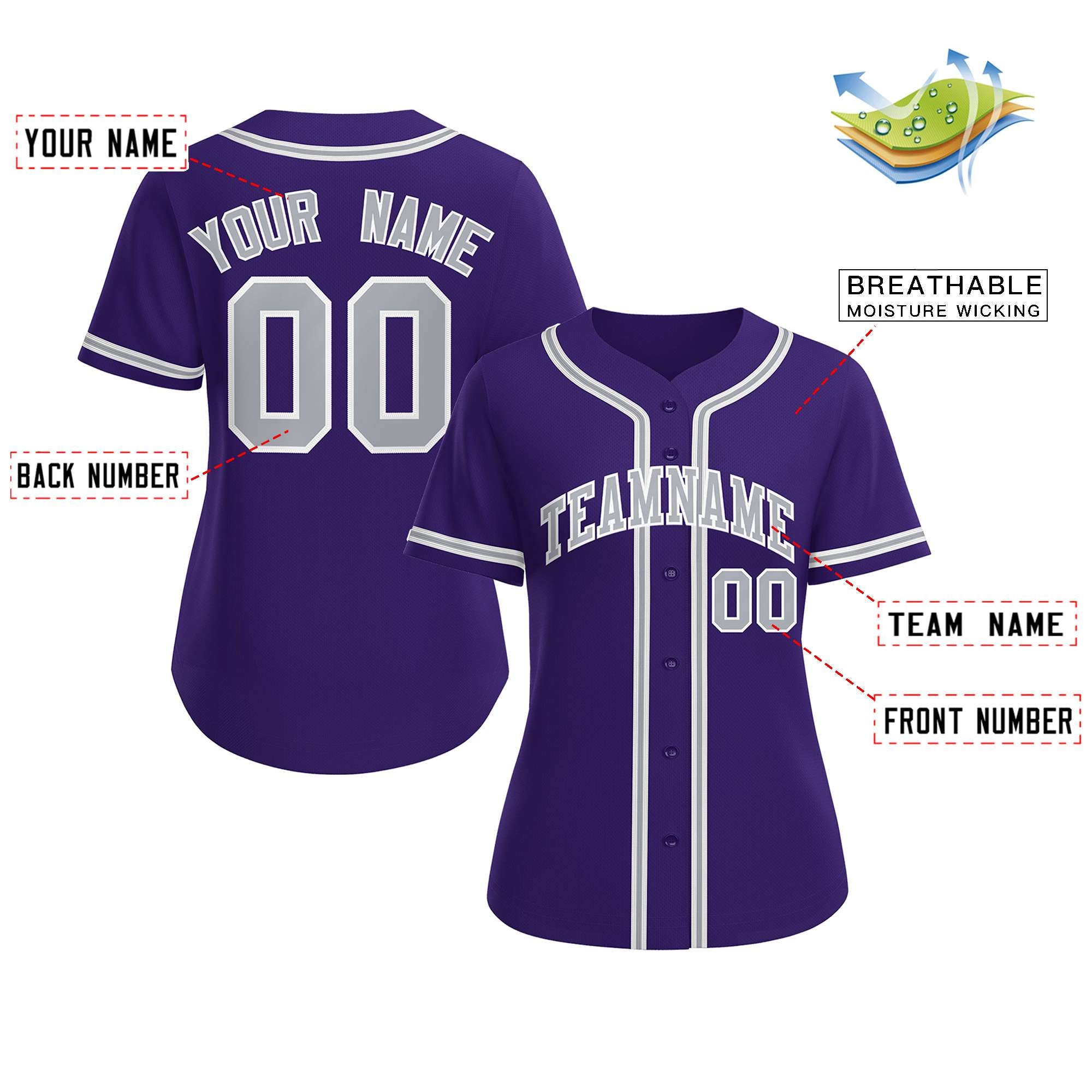 Maillot de baseball de style classique violet gris-blanc personnalisé pour femmes