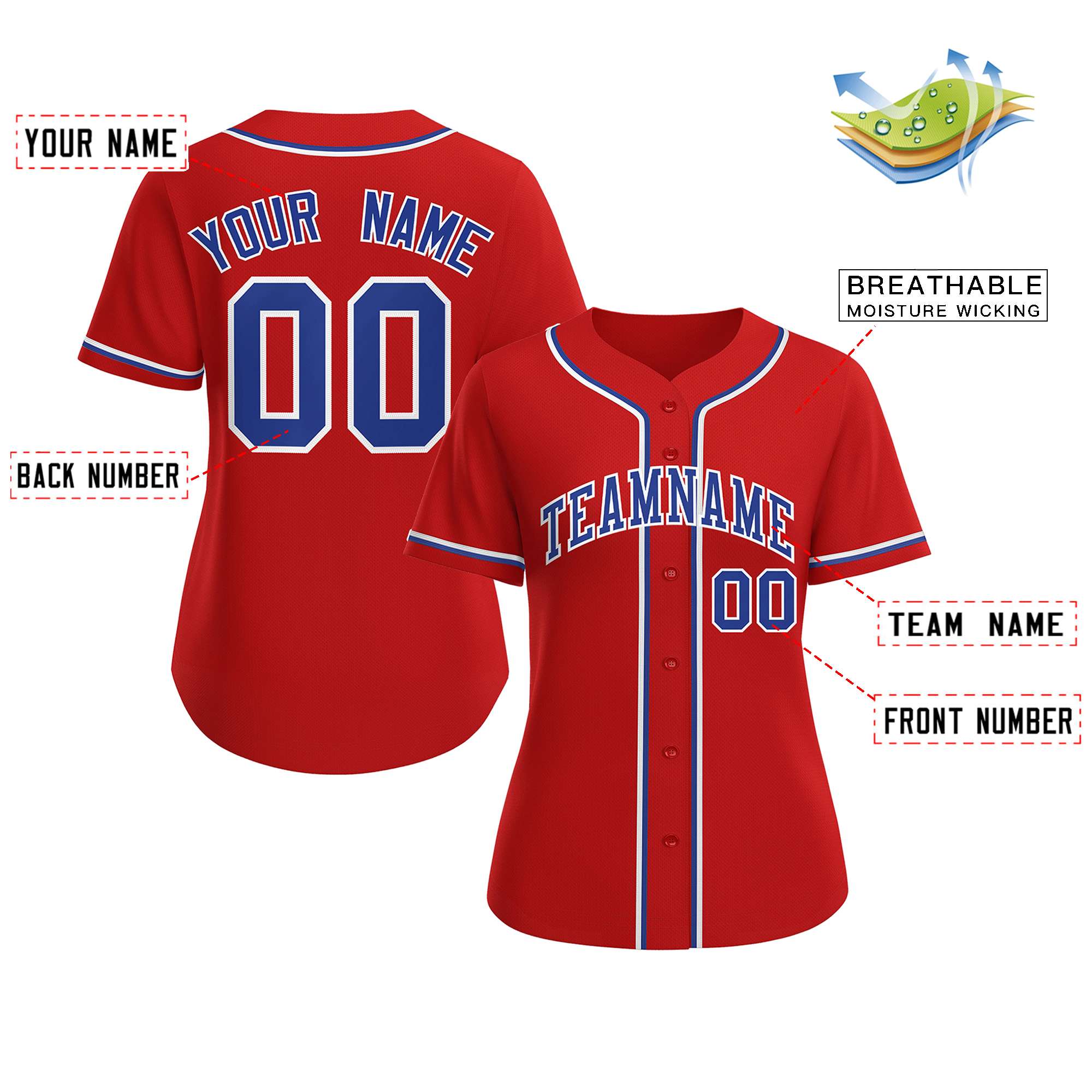 Maillot de baseball de style classique rouge royal-blanc personnalisé pour femmes