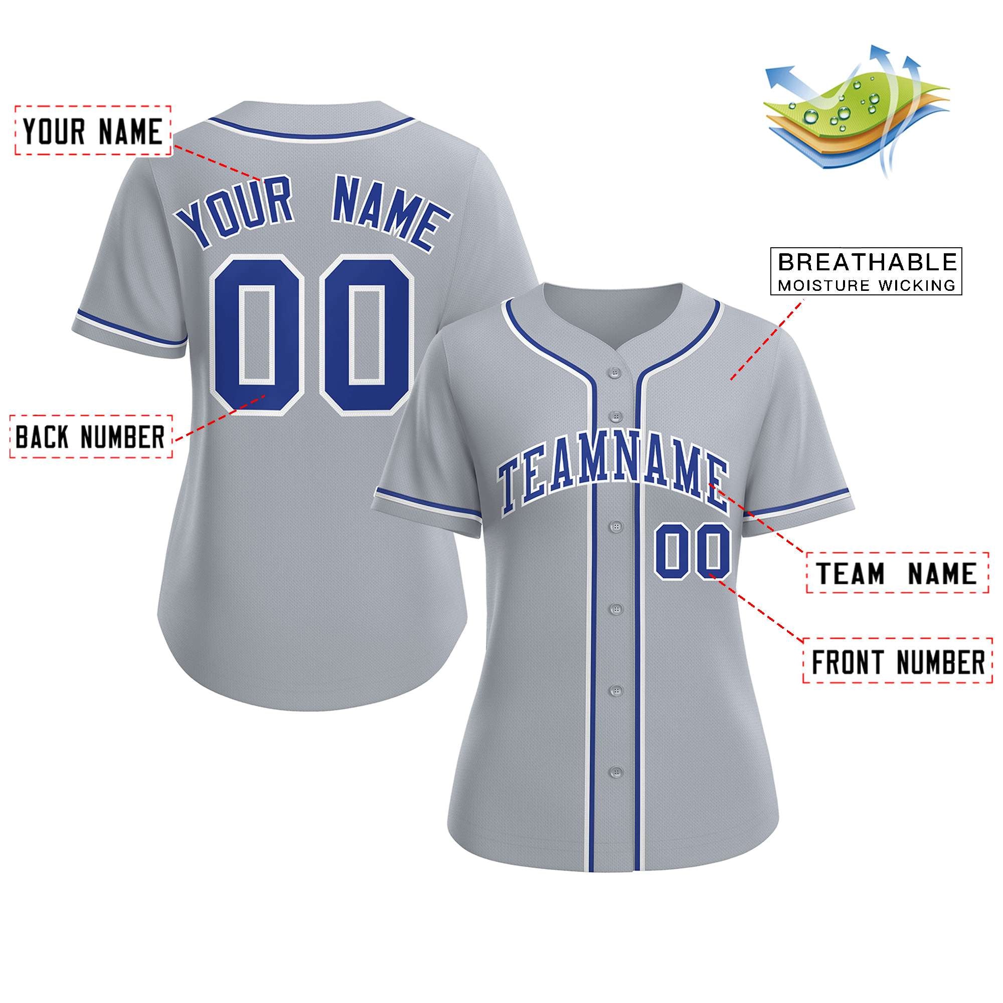 Maillot de baseball de style classique gris royal-blanc personnalisé pour femmes