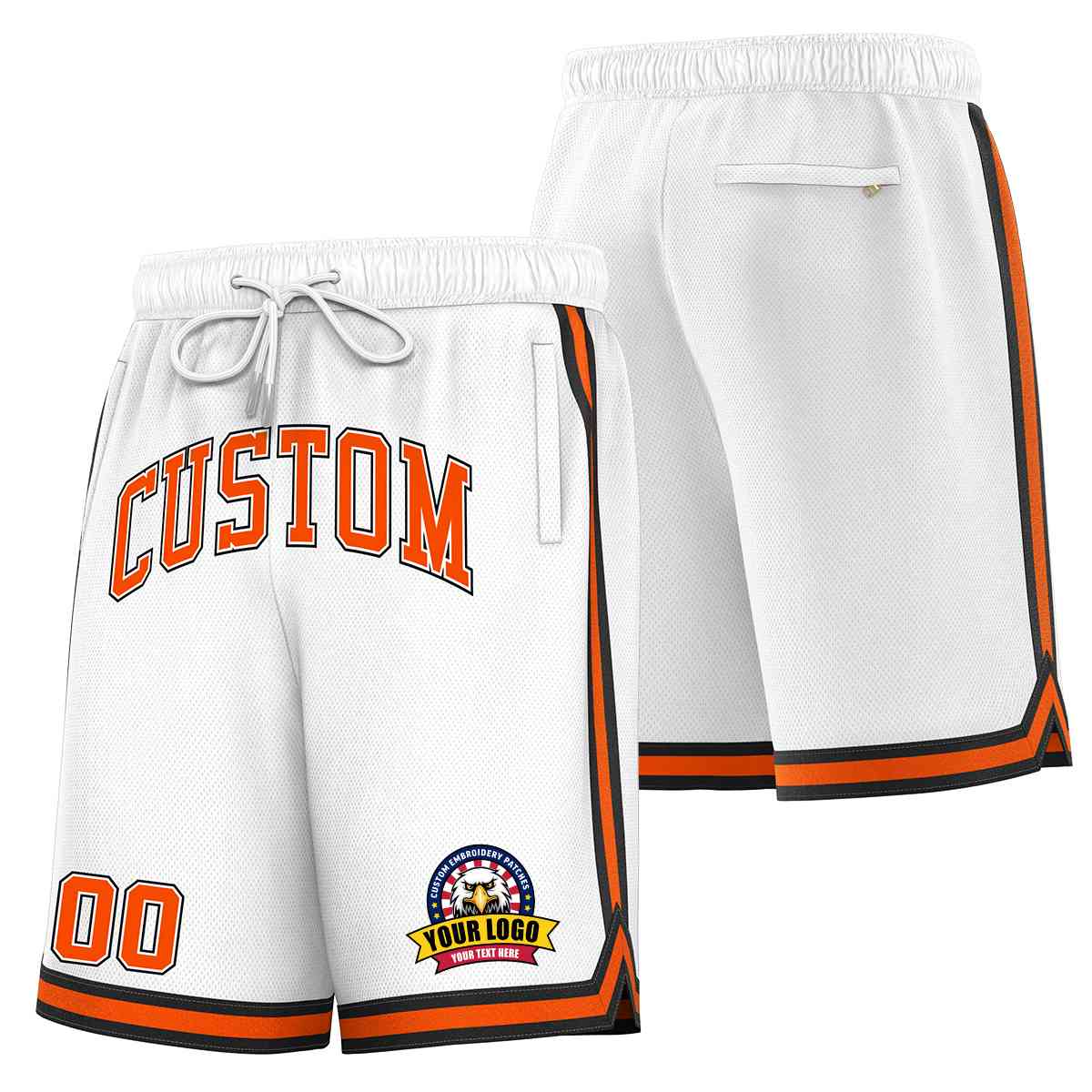 Short en maille de basket-ball de style classique blanc orange-noir personnalisé