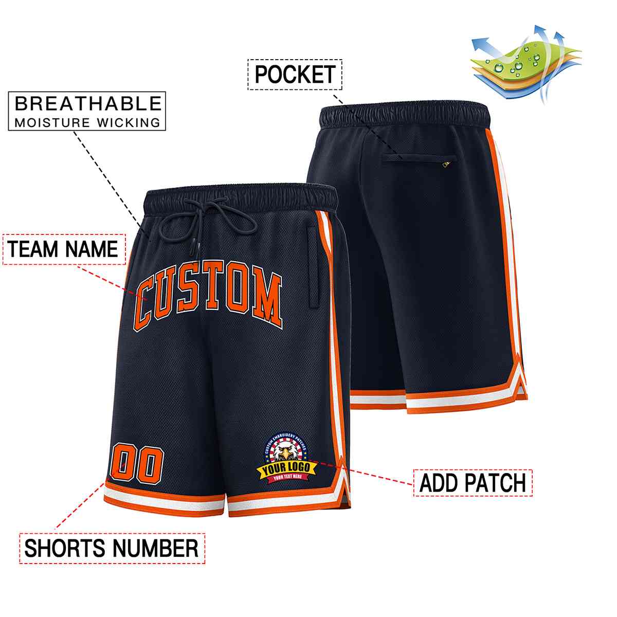 Short de basket-ball en maille de style classique, personnalisé, bleu marine, orange-blanc