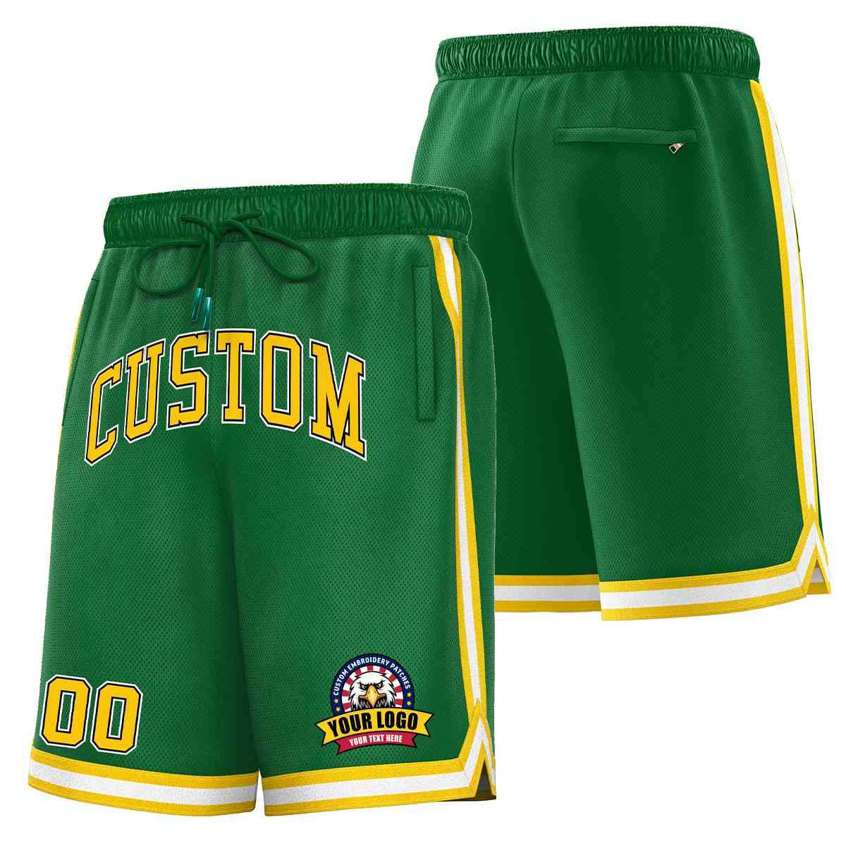 Short en maille de basket-ball de style classique Kelly vert or-blanc personnalisé