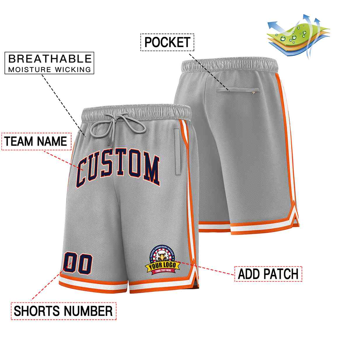 Custom Gray Navy-White Classic Style Basketball Mesh Shorts