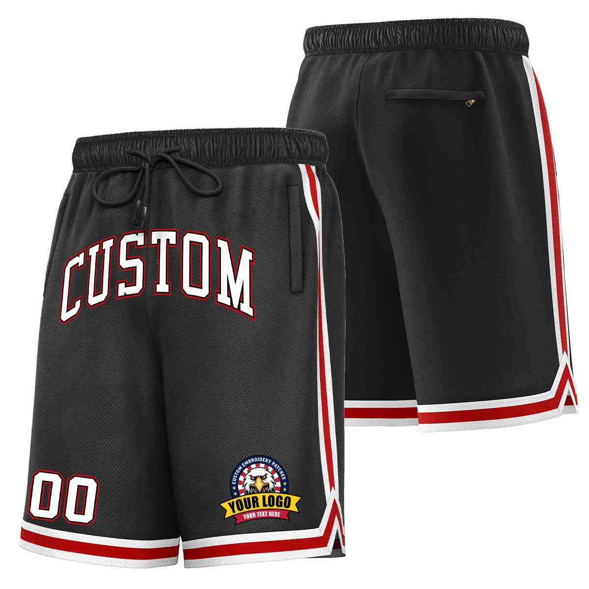 Short en maille de basket-ball de style classique noir blanc-rouge personnalisé