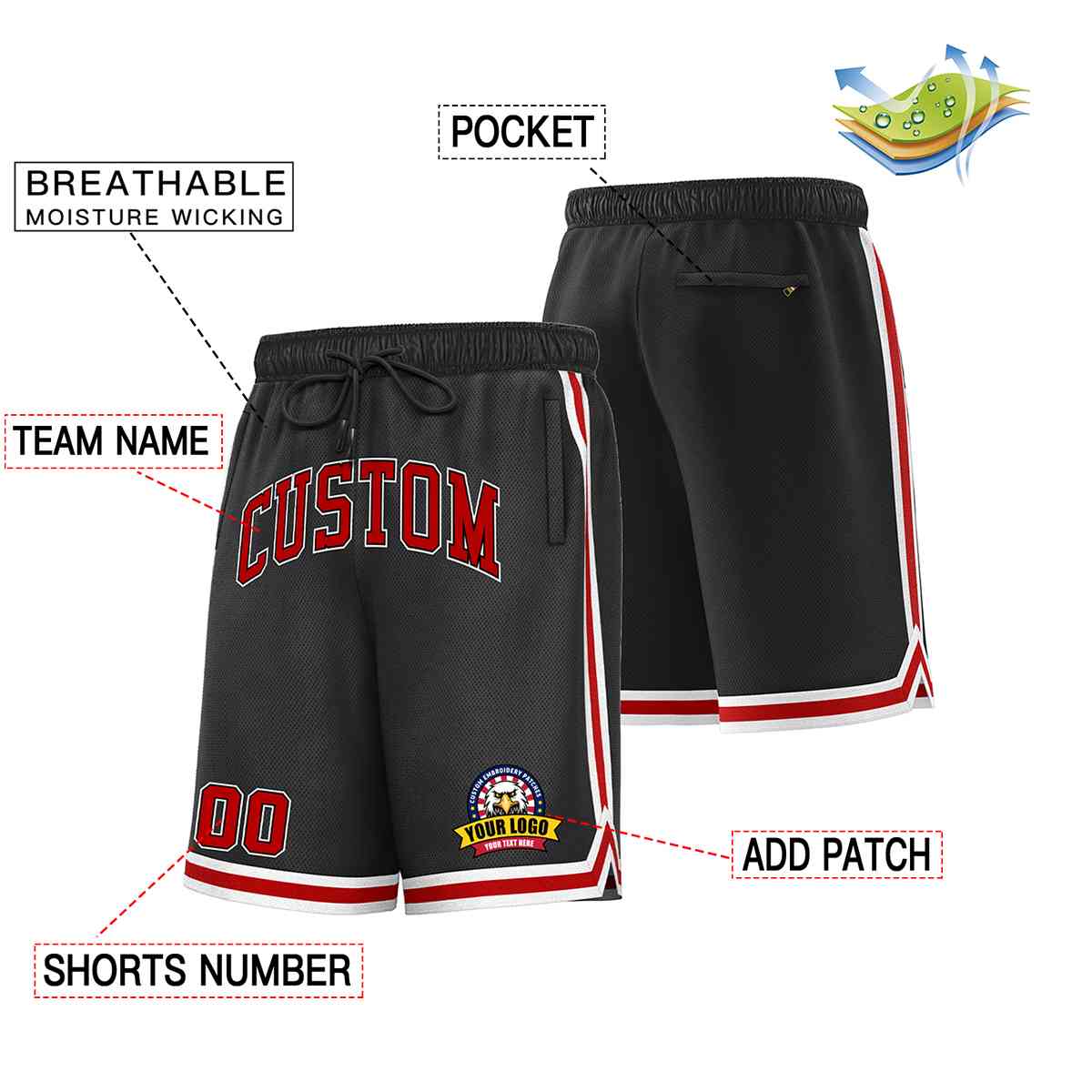 Custom Black Red-White Classic Style Basketball Mesh Shorts