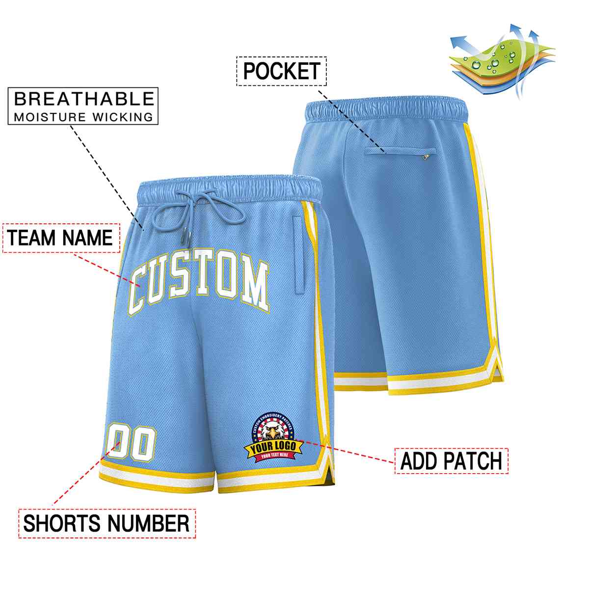 Custom Light Blue White-Gold Classic Style Basketball Mesh Shorts