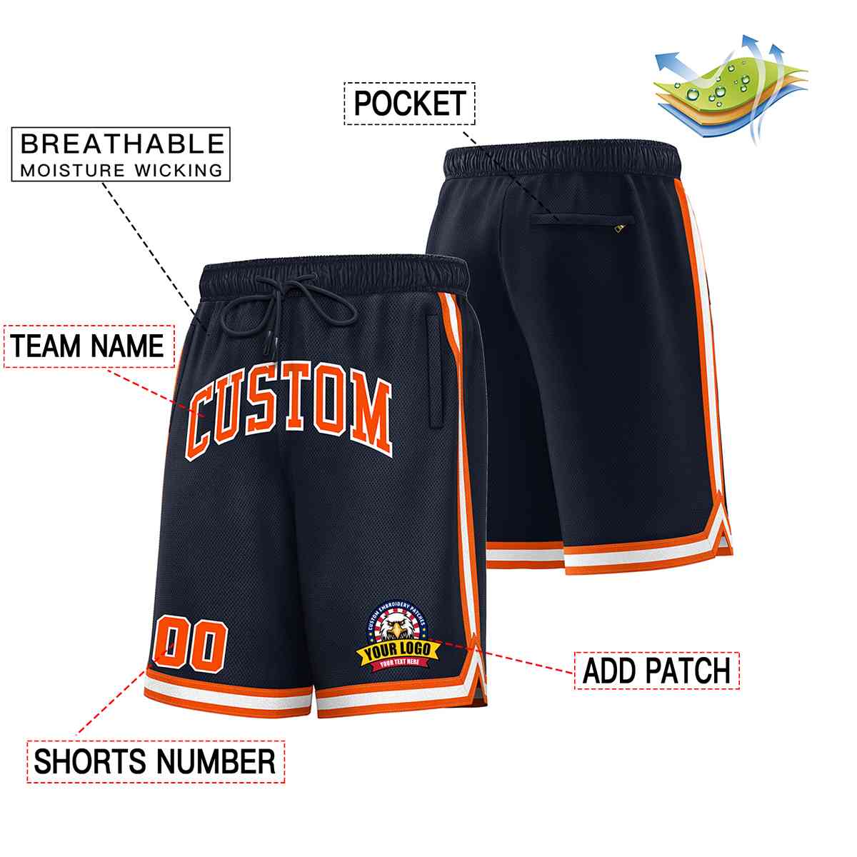 Short de basket-ball en maille de style classique, personnalisé, bleu marine, orange-blanc