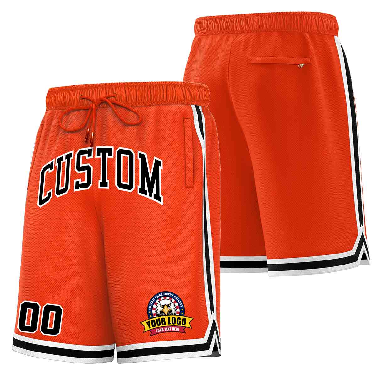 Short en maille de basket-ball de style classique orange noir-blanc personnalisé